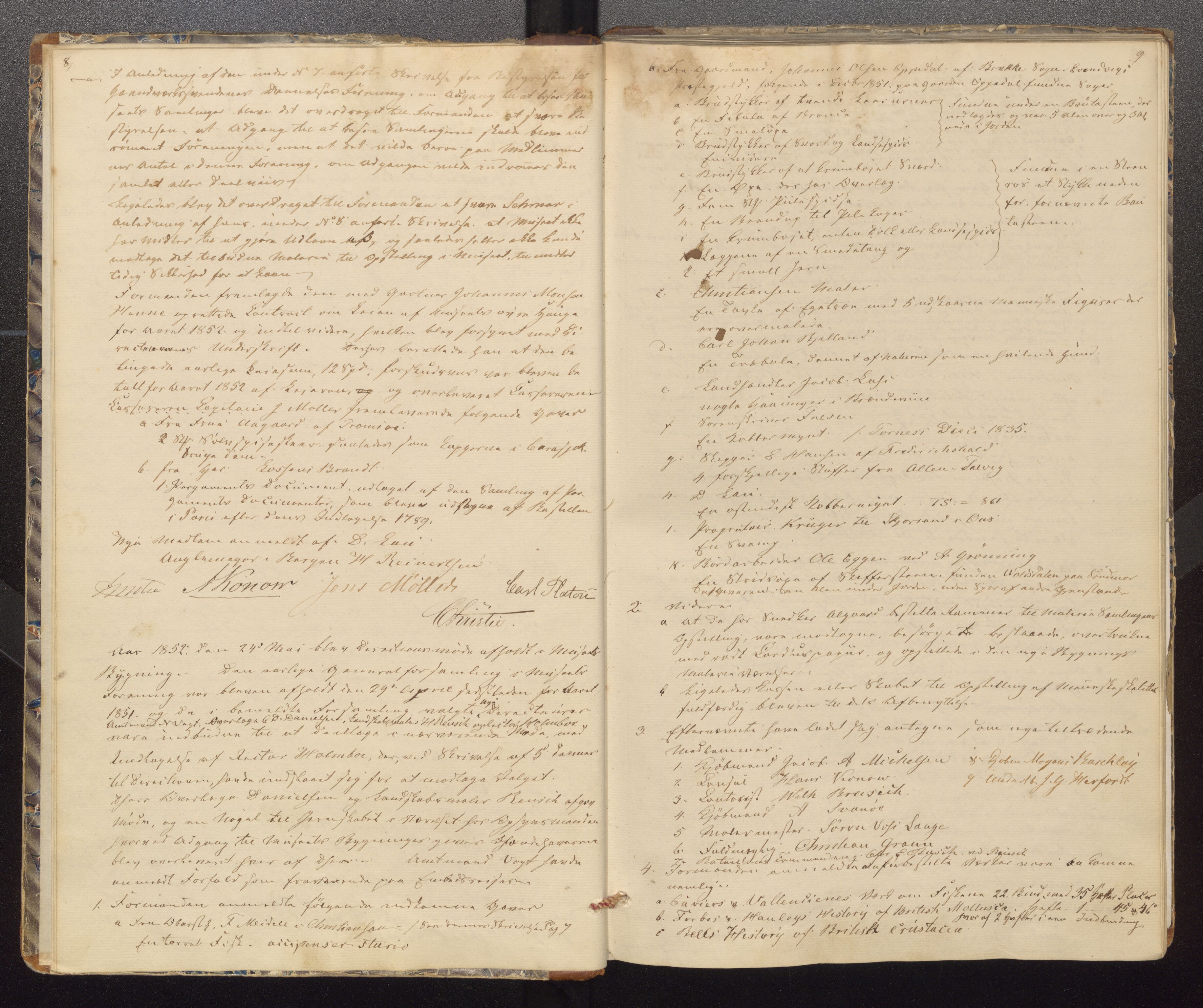 Bergens Museum, UMB/A007/A/Aa/L0006: Forhandlingsprotokoll , 1851-1872, p. 8,9