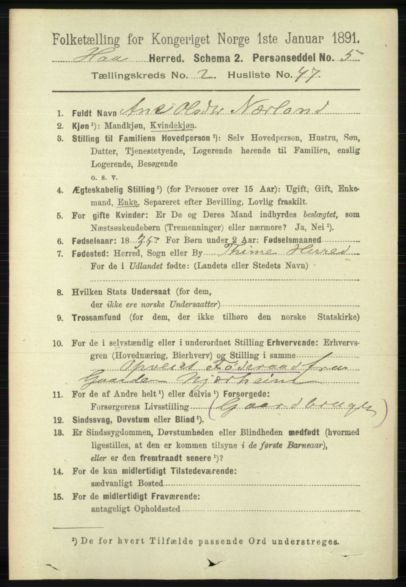 RA, 1891 census for 1119 Hå, 1891, p. 649