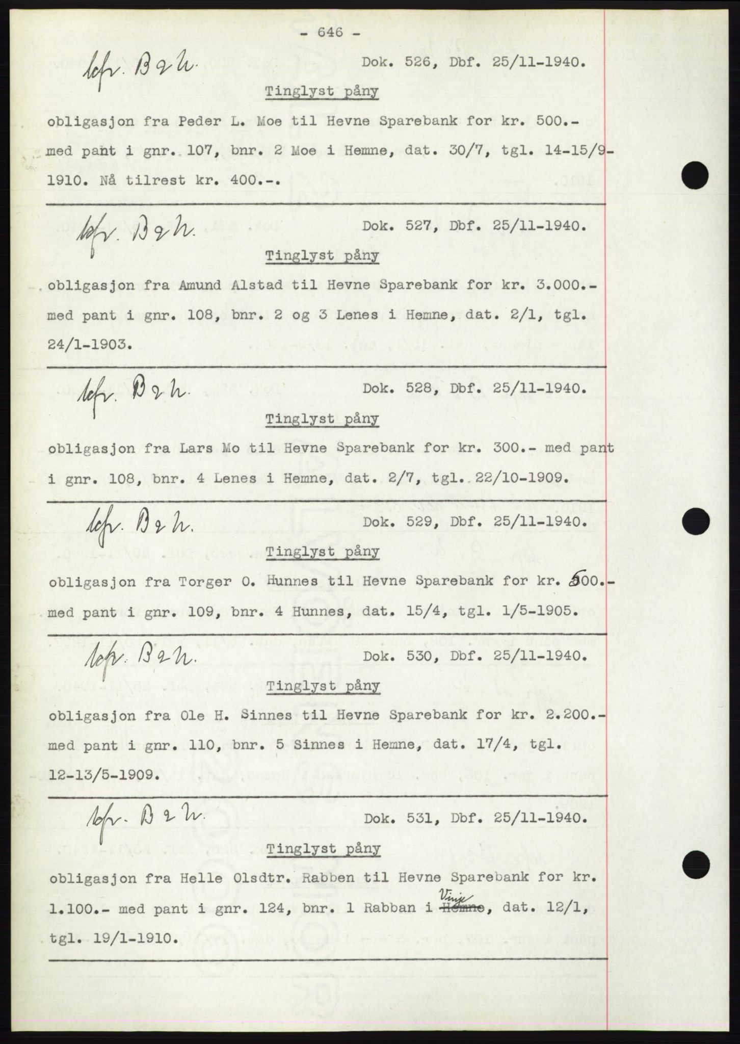 Hitra sorenskriveri, AV/SAT-A-0018/2/2C/2Ca: Mortgage book no. C1, 1936-1945, Diary no: : 526/1940