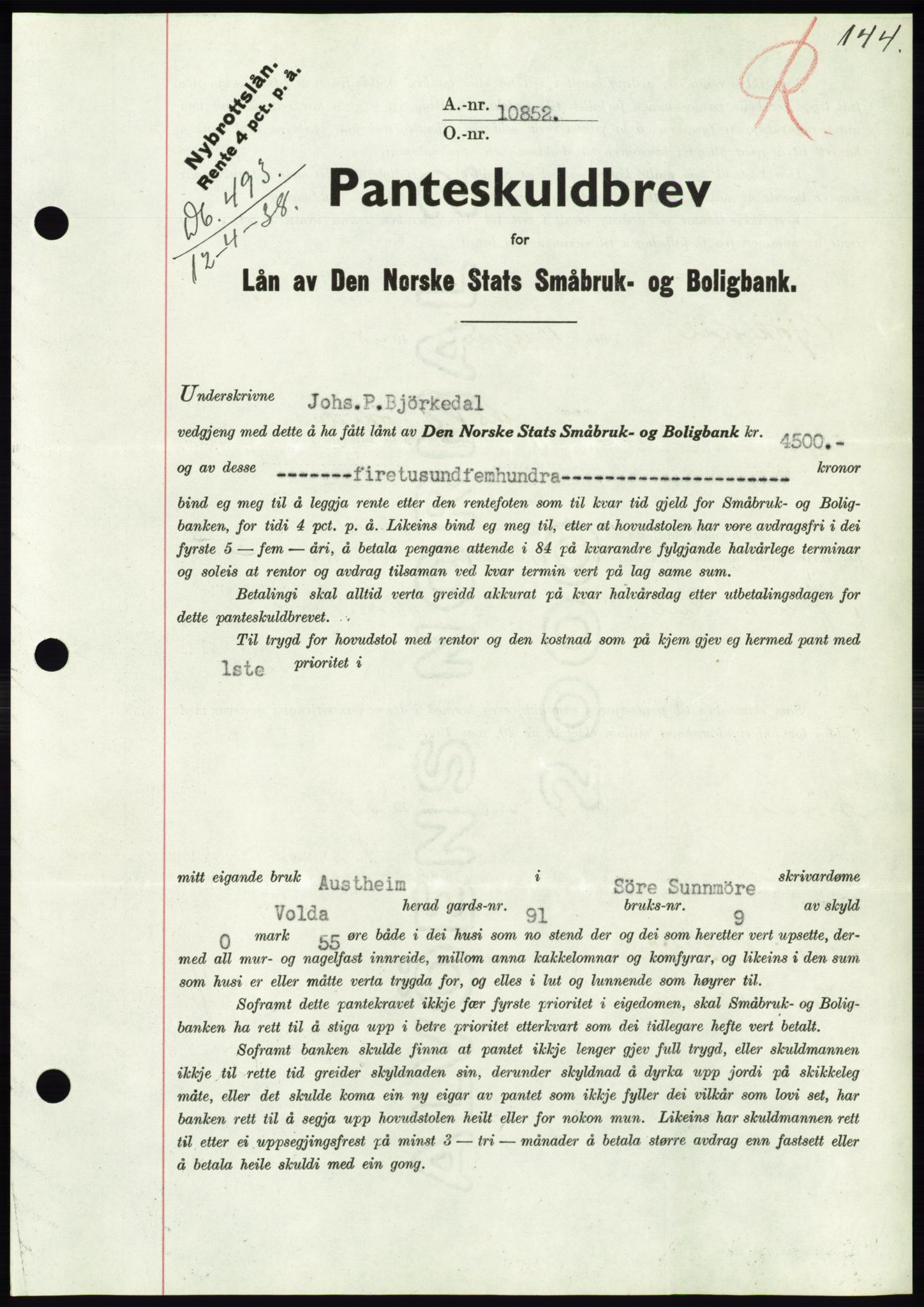 Søre Sunnmøre sorenskriveri, AV/SAT-A-4122/1/2/2C/L0065: Mortgage book no. 59, 1938-1938, Diary no: : 493/1938