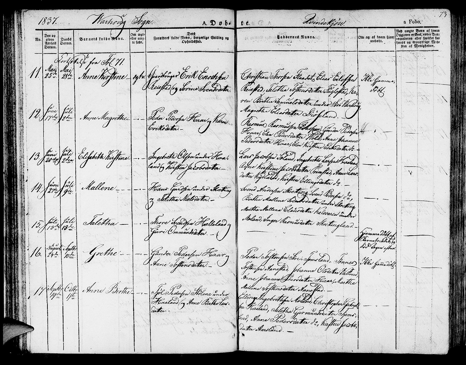 Hå sokneprestkontor, AV/SAST-A-101801/001/30BA/L0004: Parish register (official) no. A 4.1 /2, 1826-1841, p. 73