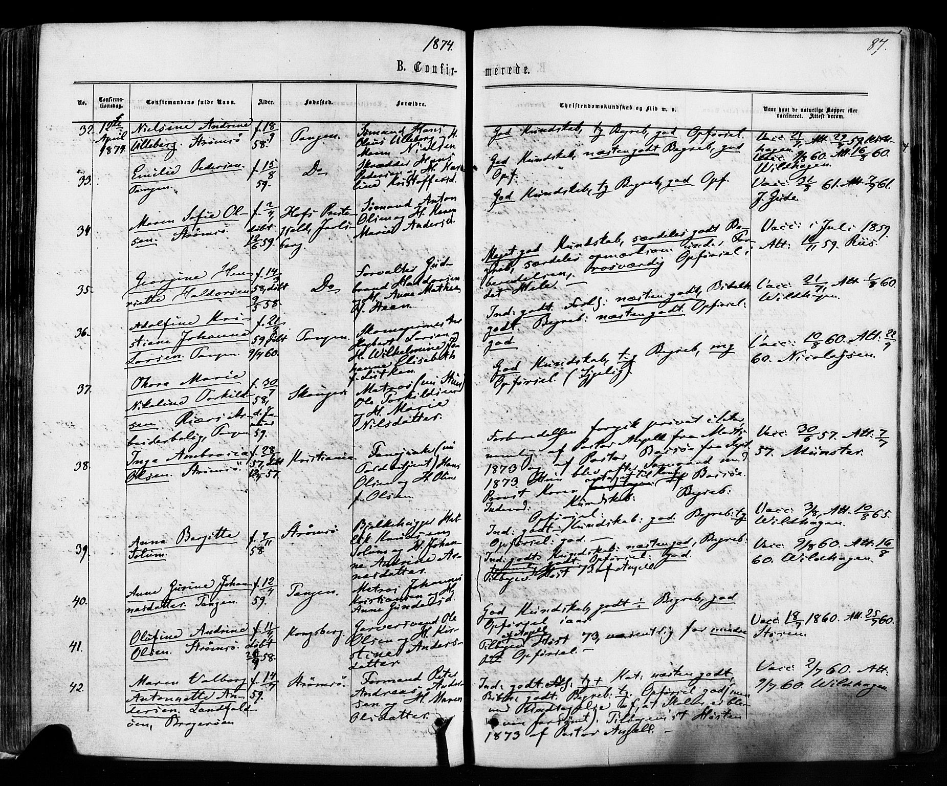 Strømsø kirkebøker, SAKO/A-246/F/Fa/L0018: Parish register (official) no. I 18, 1865-1878, p. 87