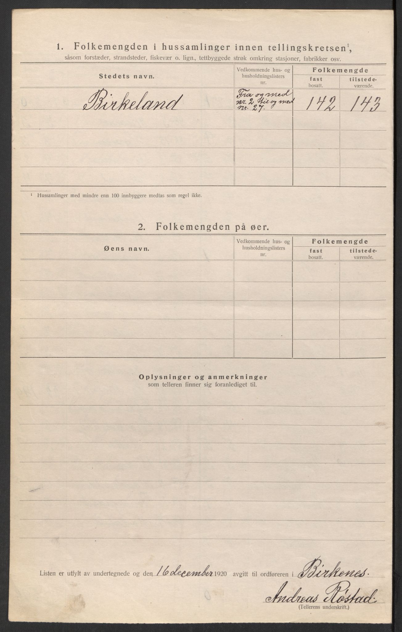 SAK, 1920 census for Birkenes, 1920, p. 18