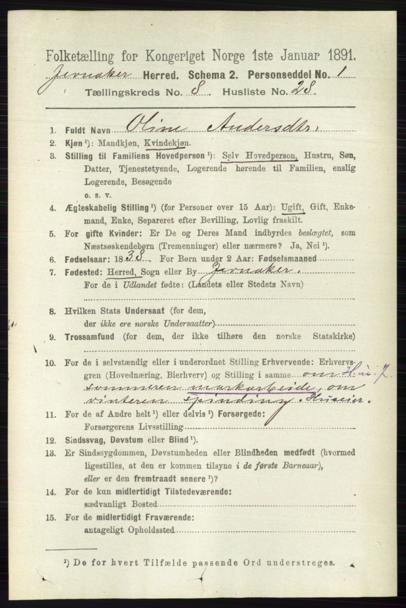 RA, 1891 census for 0532 Jevnaker, 1891, p. 4500