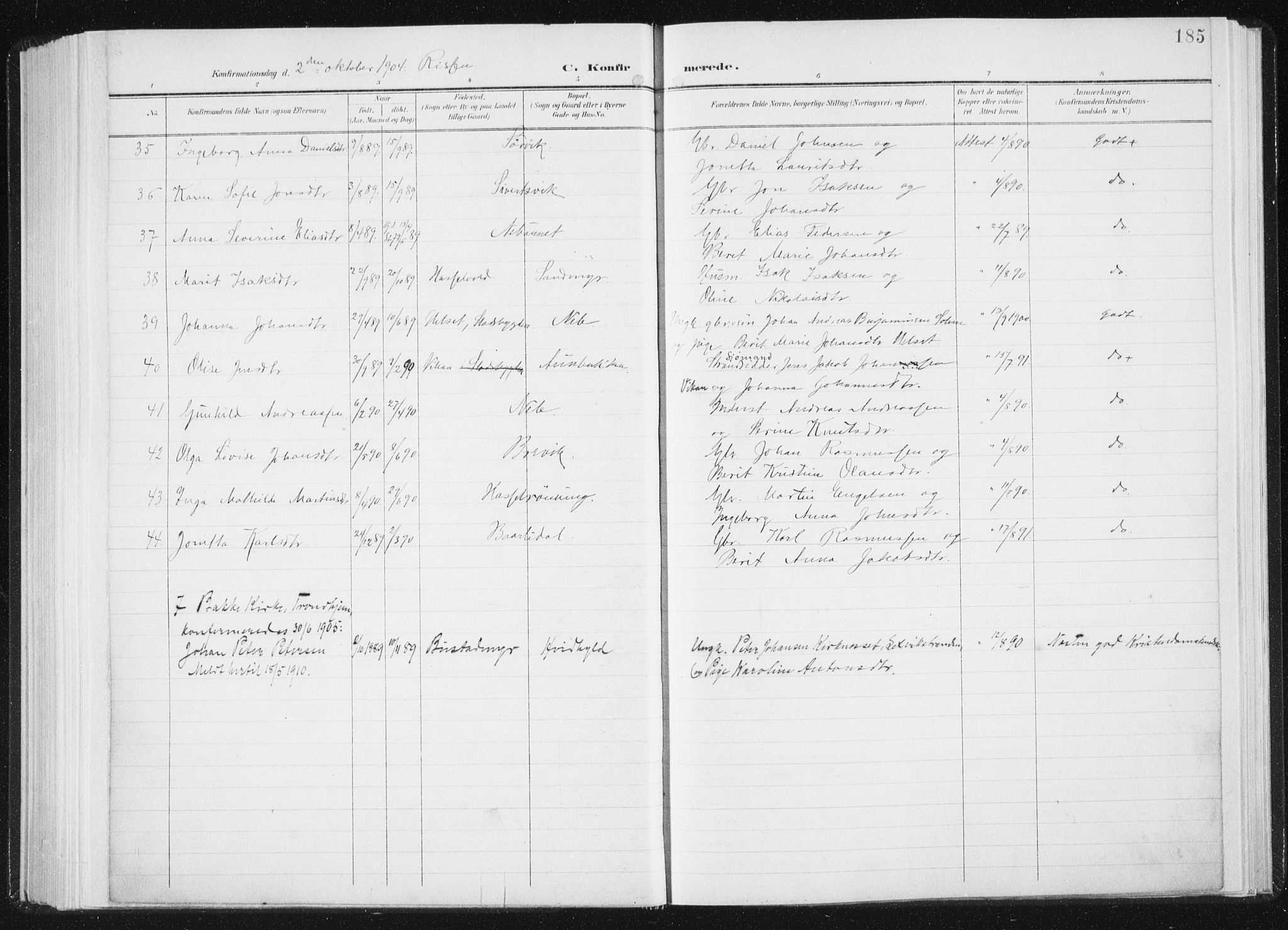 Ministerialprotokoller, klokkerbøker og fødselsregistre - Sør-Trøndelag, SAT/A-1456/647/L0635: Parish register (official) no. 647A02, 1896-1911, p. 185