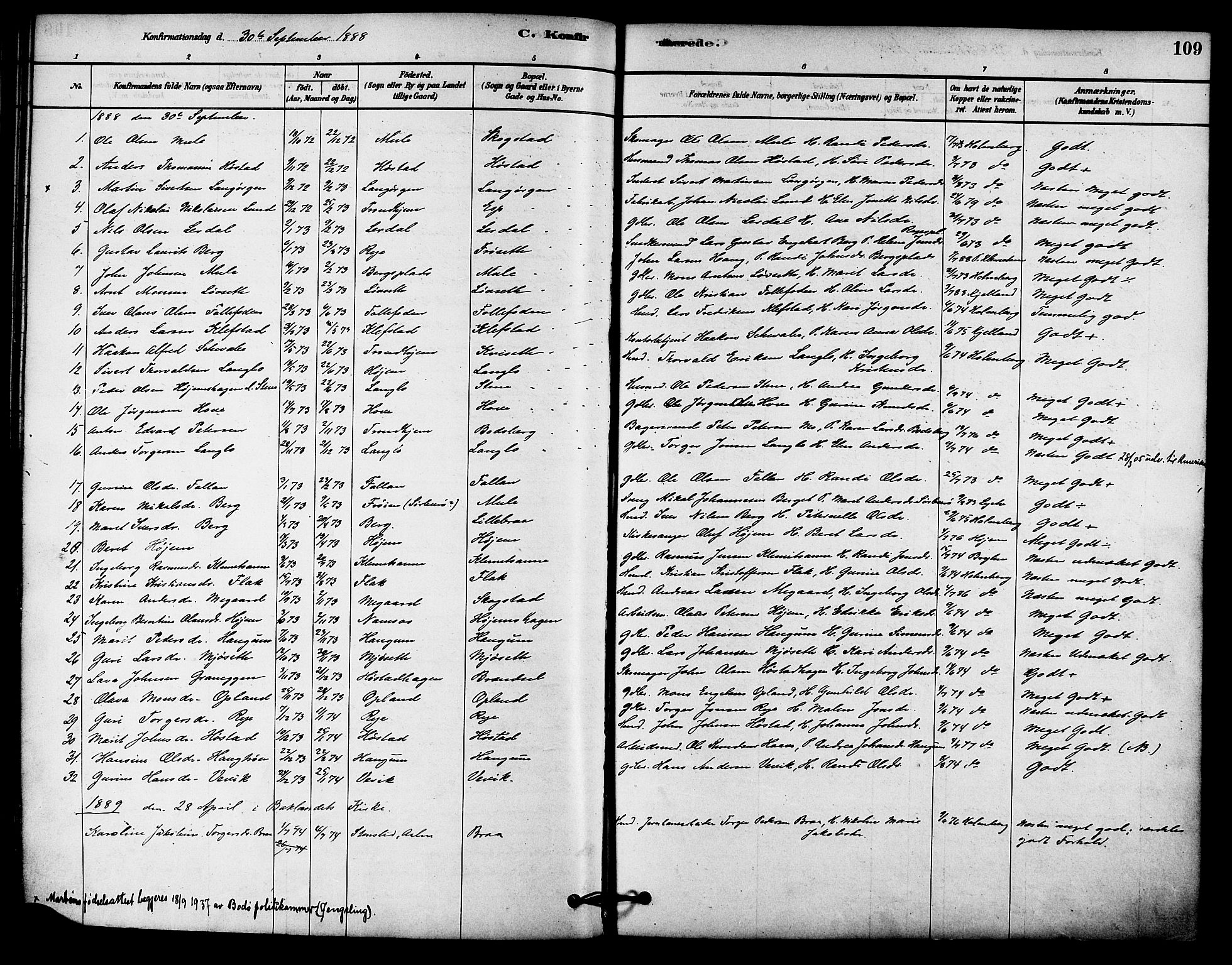 Ministerialprotokoller, klokkerbøker og fødselsregistre - Sør-Trøndelag, AV/SAT-A-1456/612/L0378: Parish register (official) no. 612A10, 1878-1897, p. 109
