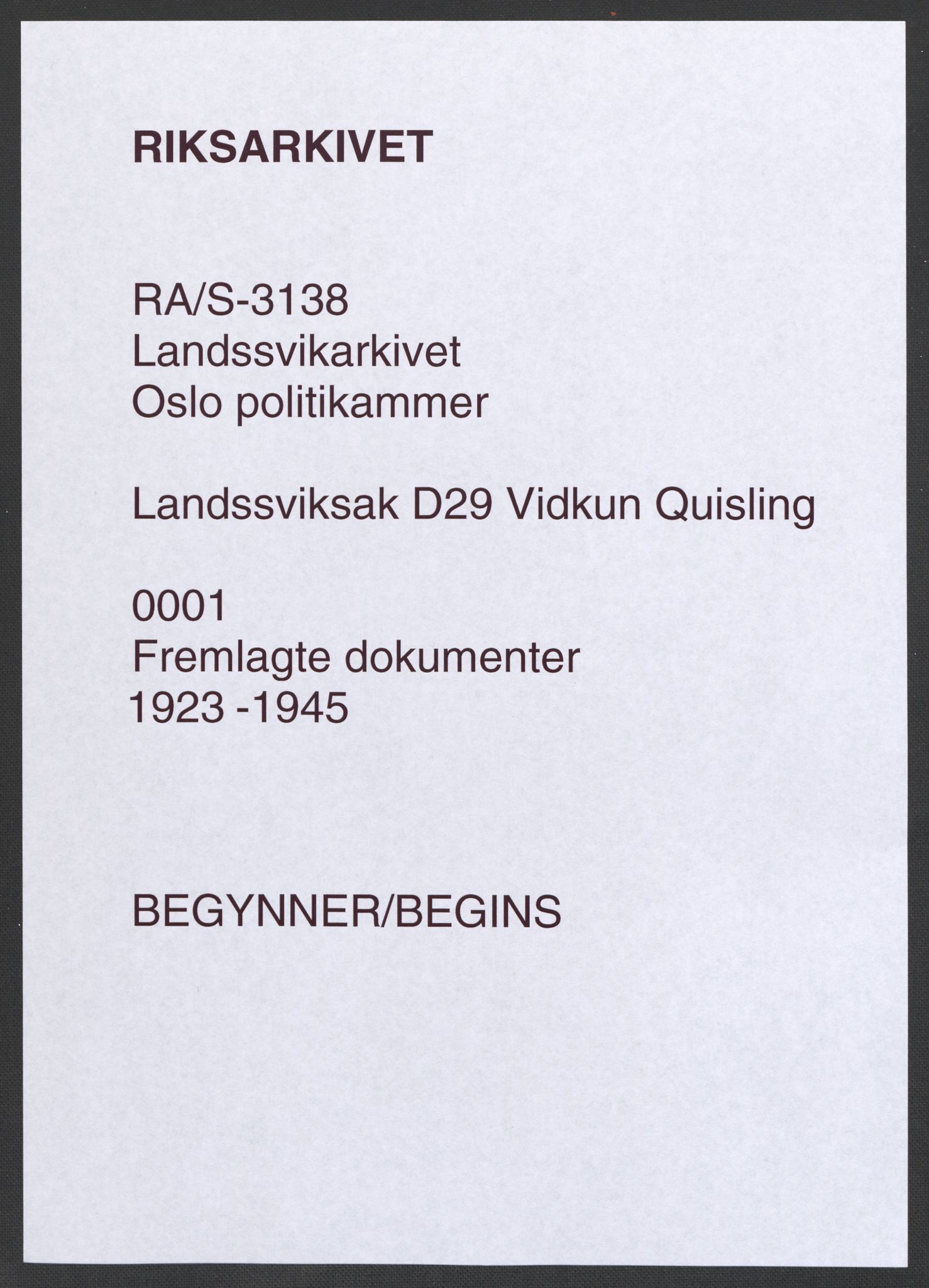 Landssvikarkivet, Oslo politikammer, RA/S-3138-01/D/Da/L0003: Dnr. 29, 1945, p. 1