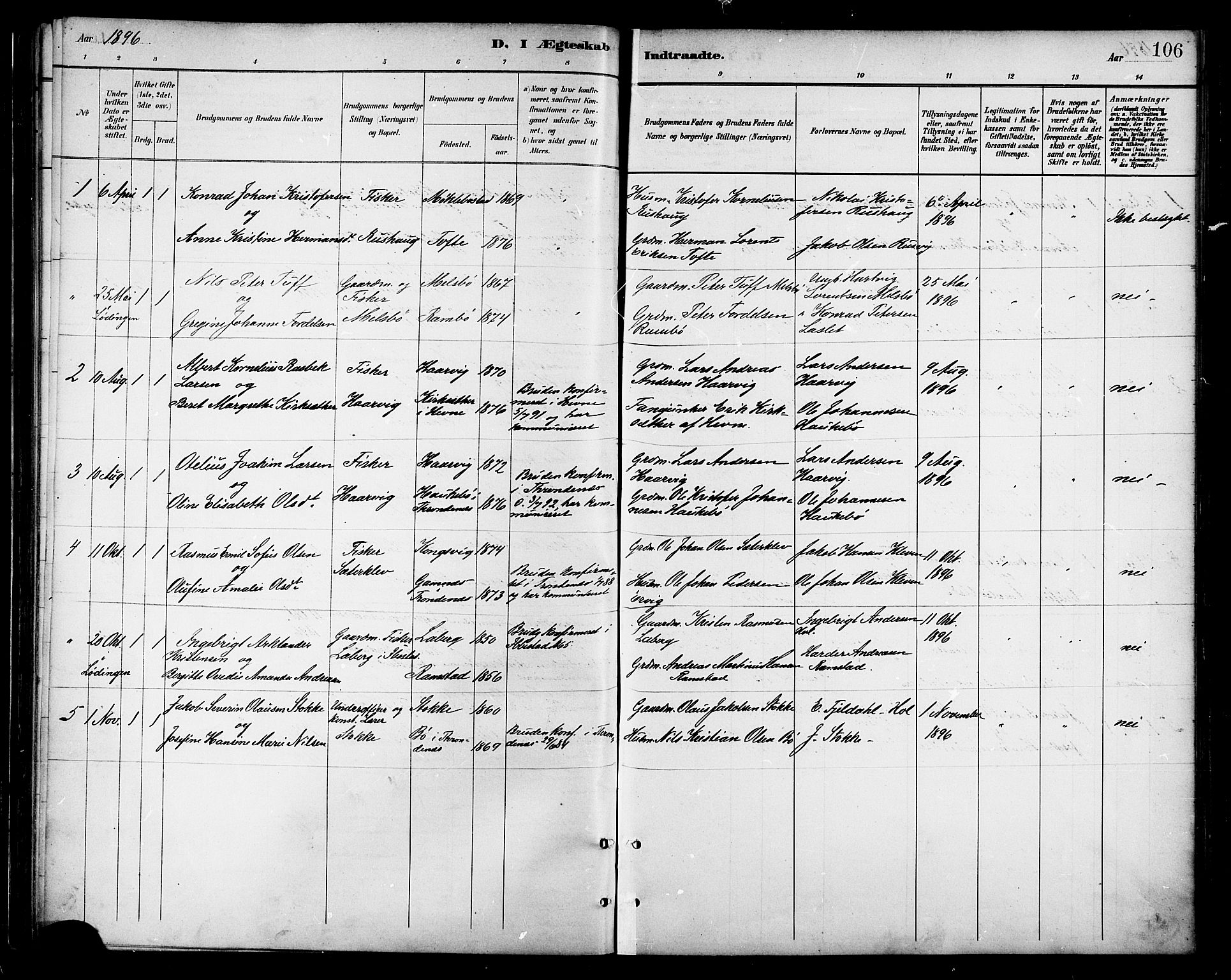 Ministerialprotokoller, klokkerbøker og fødselsregistre - Nordland, AV/SAT-A-1459/865/L0924: Parish register (official) no. 865A02, 1885-1896, p. 106