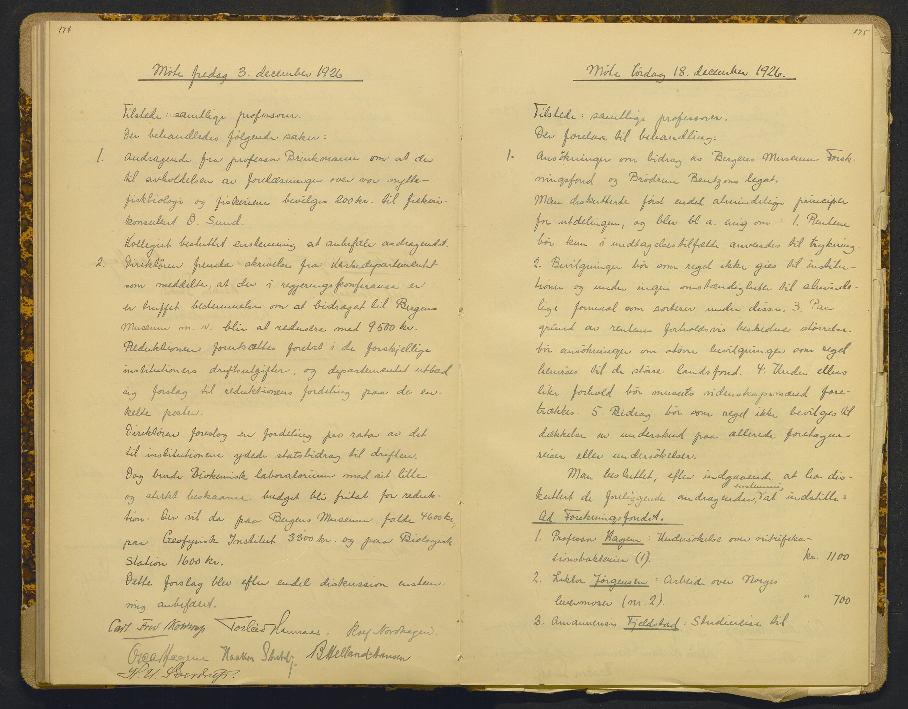 Bergens Museum, AV/SAB-A-17301/18/A/L0001: Bestyrerkollegiets forhandlingsprotokoll med register , 1907-1927, p. 174-175