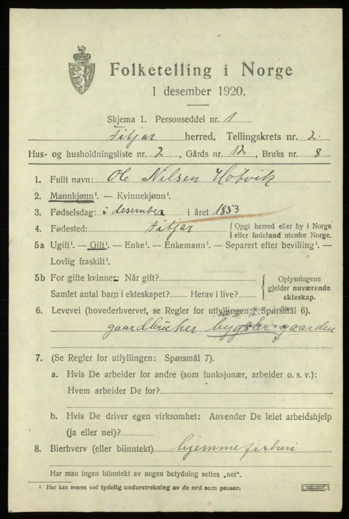 SAB, 1920 census for Fitjar, 1920, p. 1578