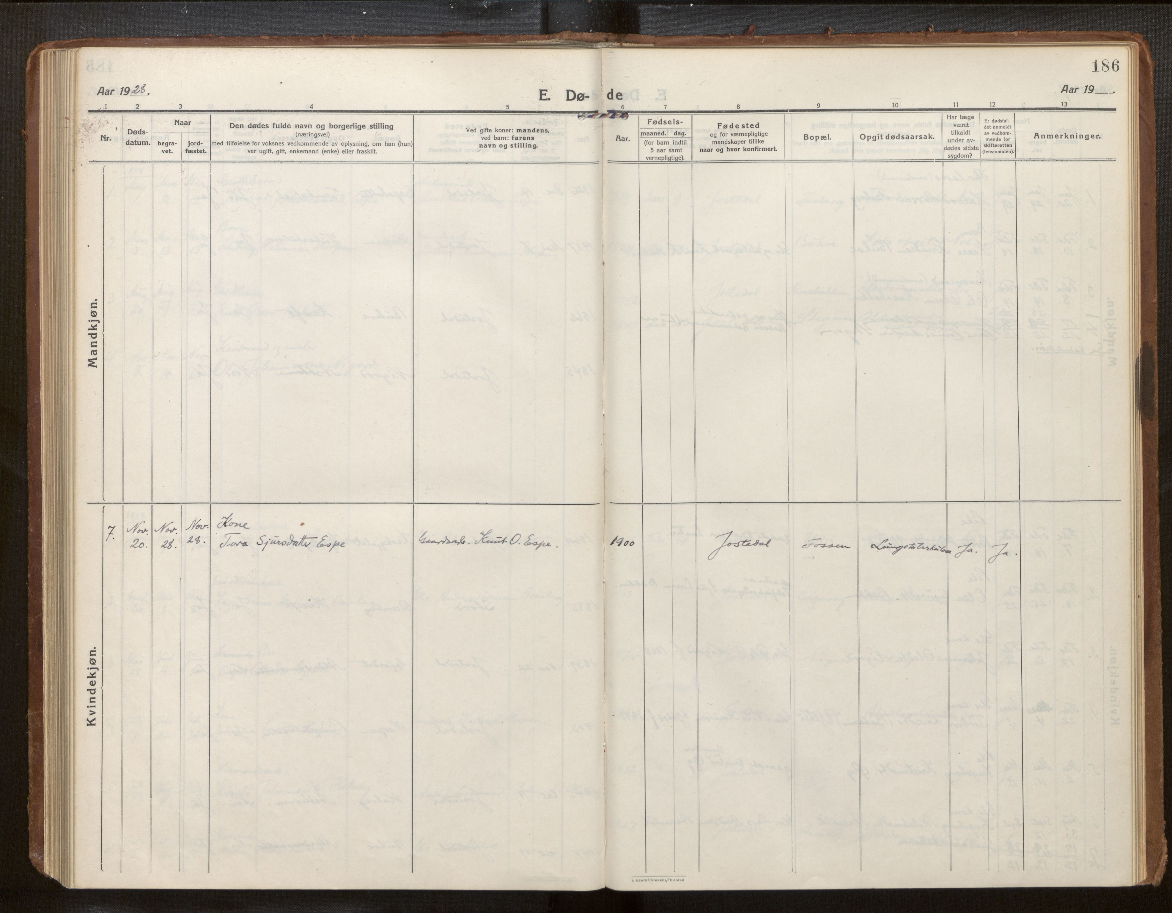 Jostedal sokneprestembete, SAB/A-80601/H/Haa/Haab/L0002: Parish register (official) no. B 2, 1915-1931, p. 186