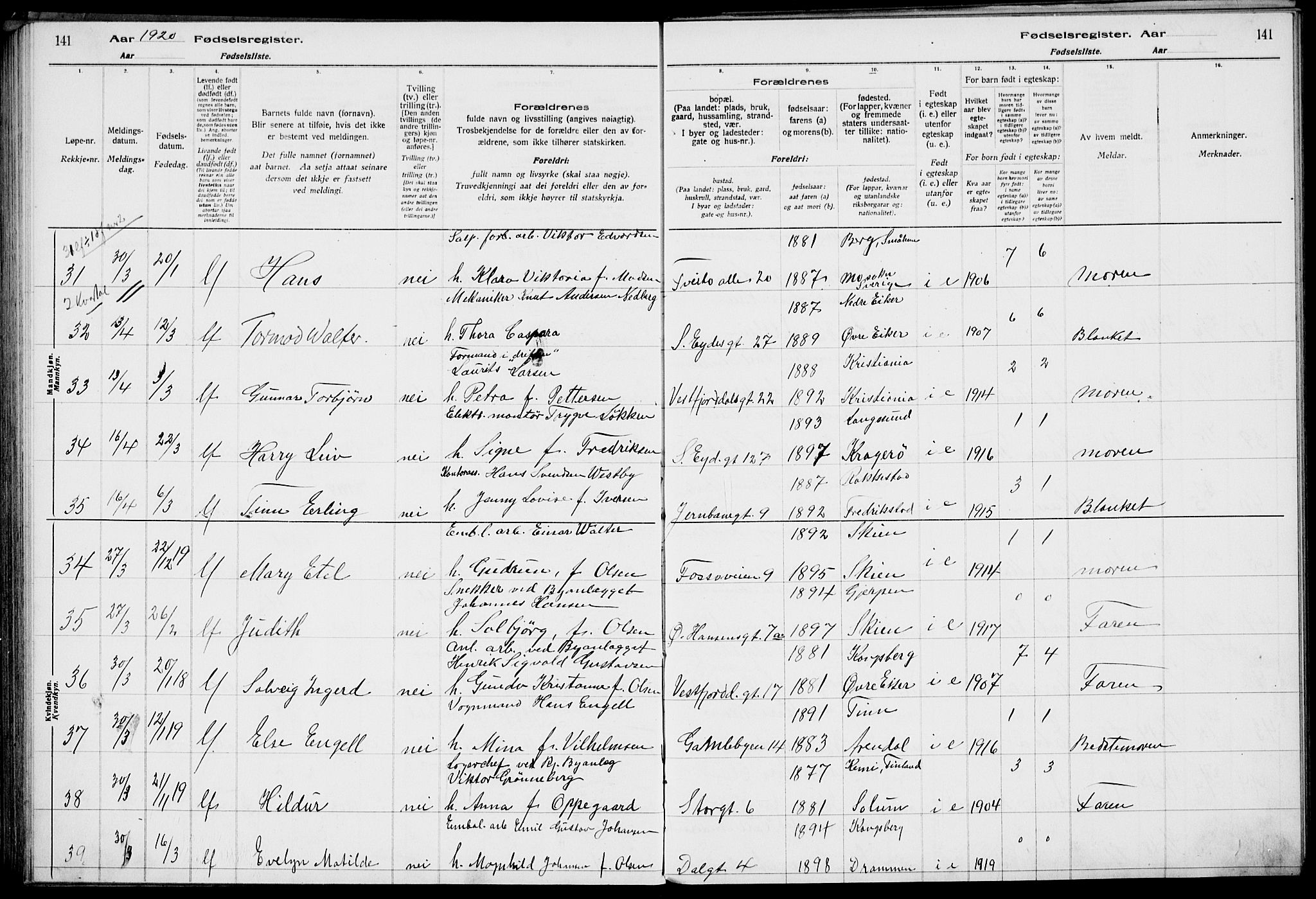 Rjukan kirkebøker, AV/SAKO-A-294/J/Ja/L0001: Birth register no. 1, 1916-1922, p. 141