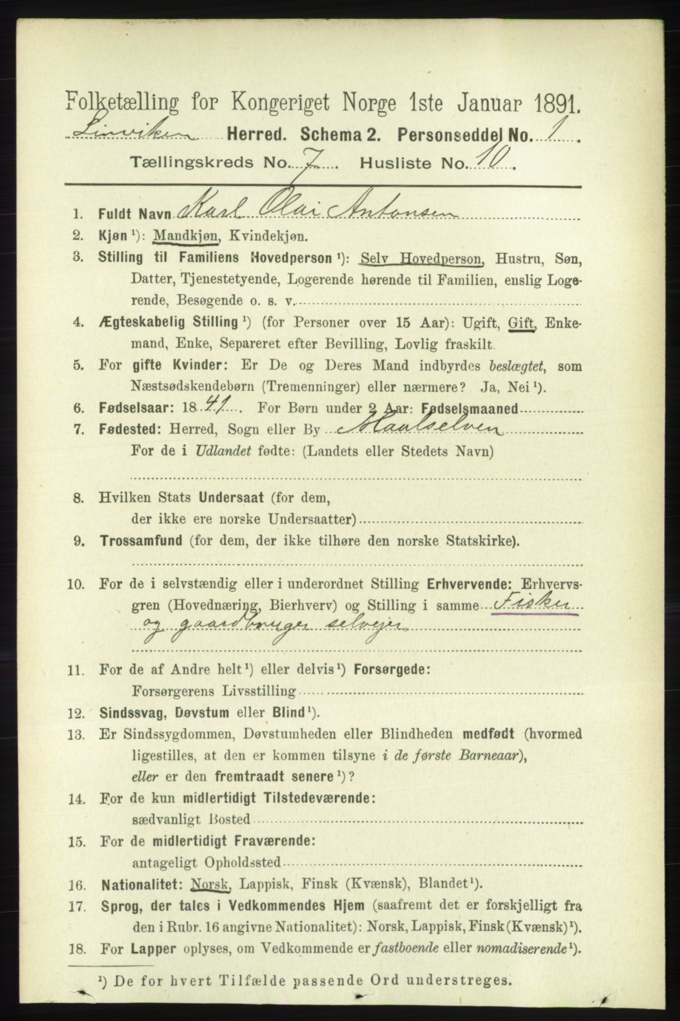 RA, 1891 census for 1931 Lenvik, 1891, p. 3830