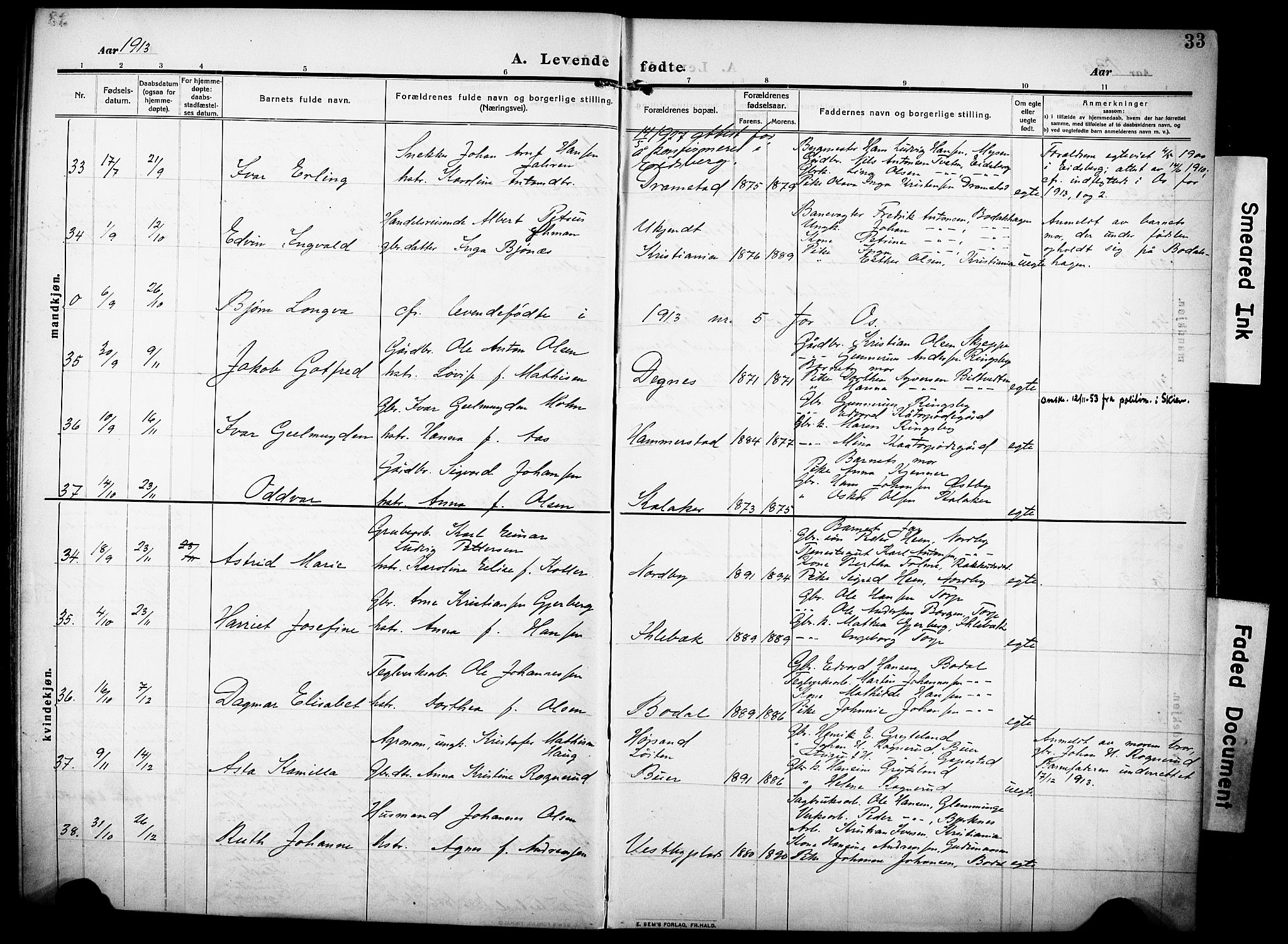 Rakkestad prestekontor Kirkebøker, AV/SAO-A-2008/F/Fa/L0015: Parish register (official) no. I 15, 1909-1922, p. 33