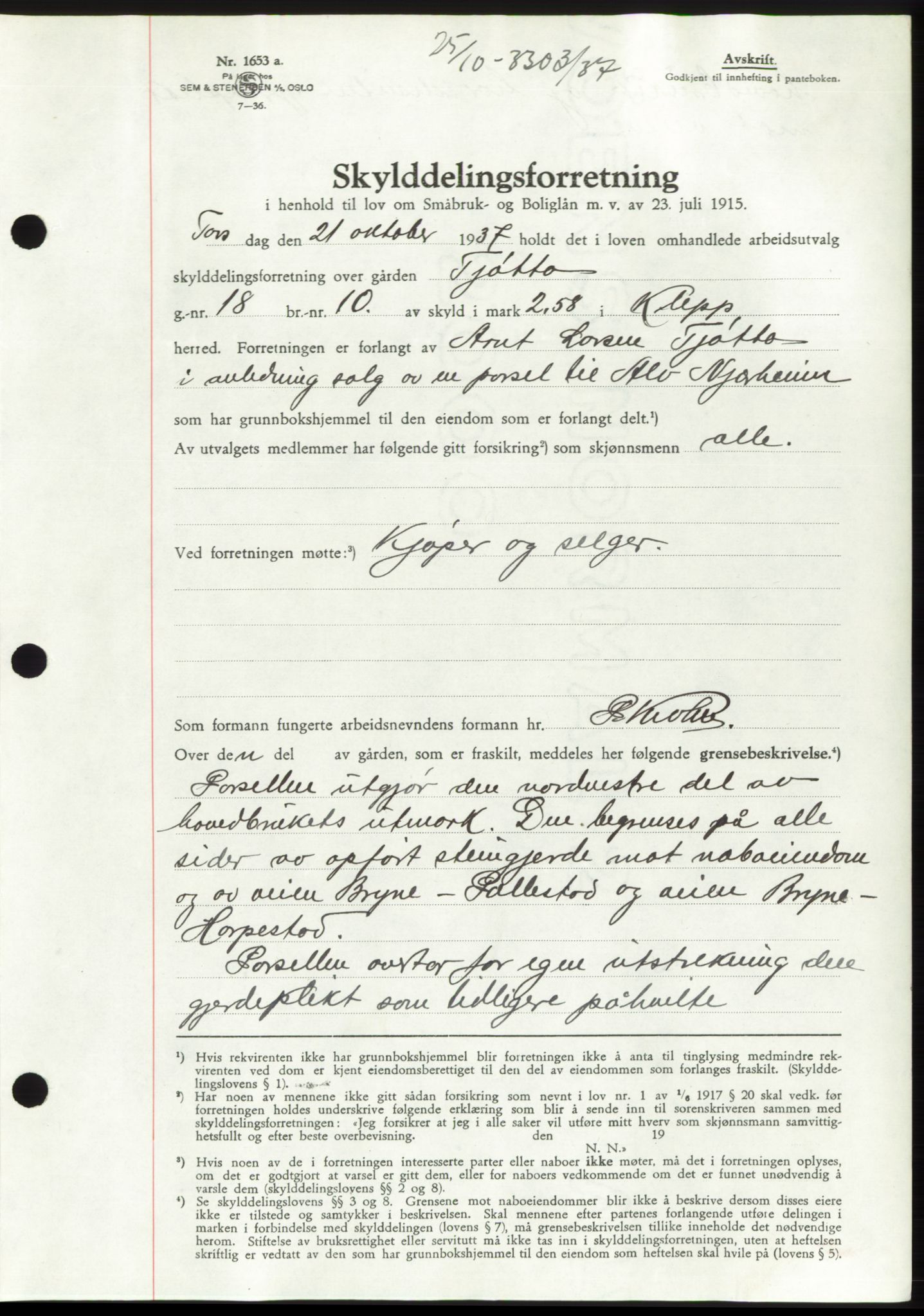 Jæren sorenskriveri, SAST/A-100310/03/G/Gba/L0069: Mortgage book, 1937-1937, Diary no: : 3303/1937