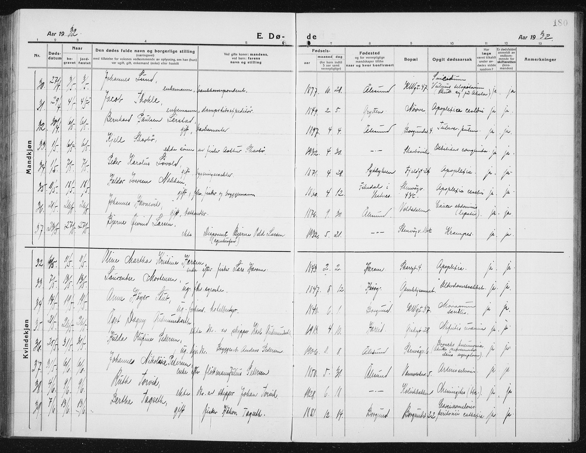 Ministerialprotokoller, klokkerbøker og fødselsregistre - Møre og Romsdal, AV/SAT-A-1454/529/L0474: Parish register (copy) no. 529C11, 1918-1938, p. 180