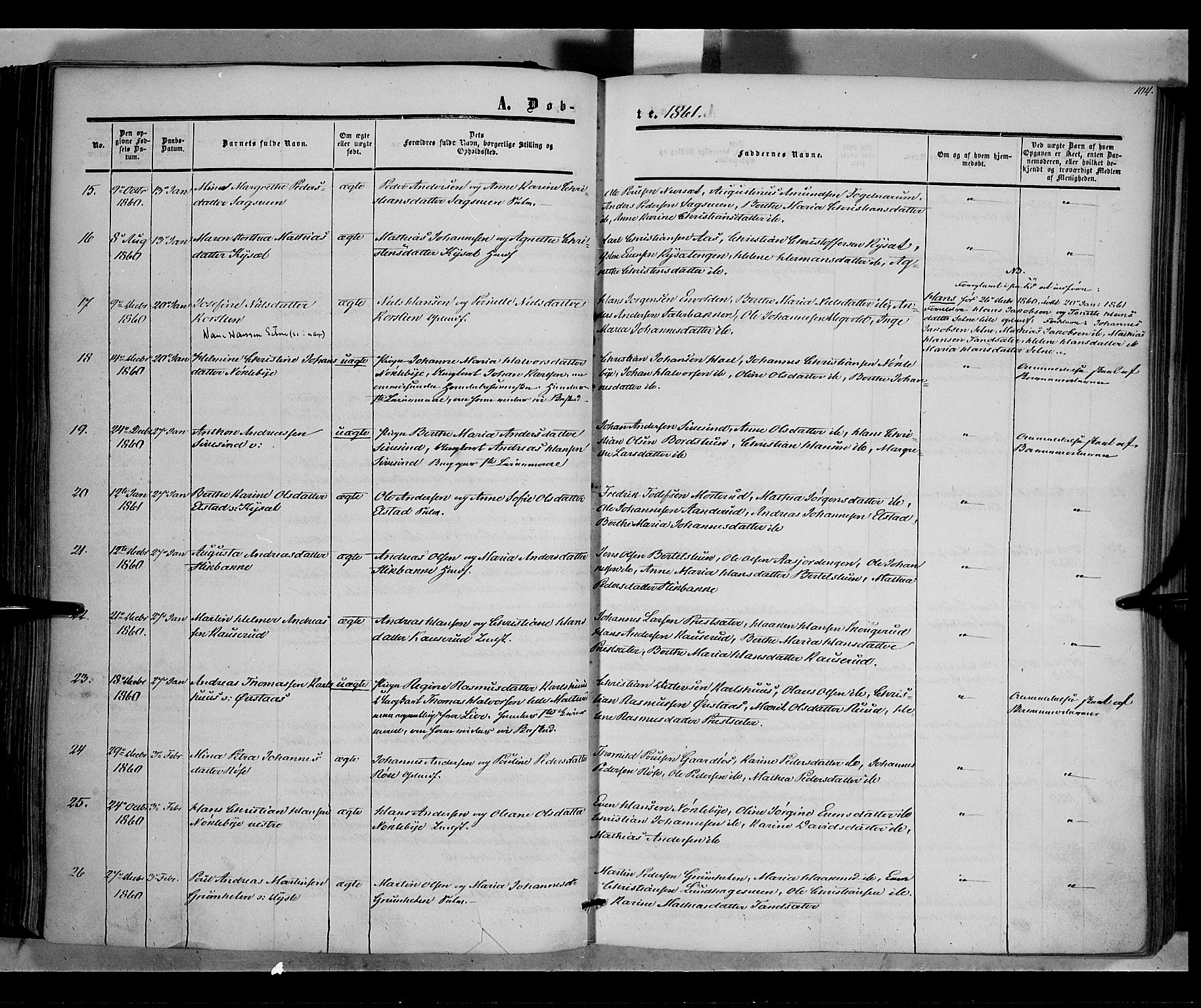 Vestre Toten prestekontor, SAH/PREST-108/H/Ha/Haa/L0006: Parish register (official) no. 6, 1856-1861, p. 104