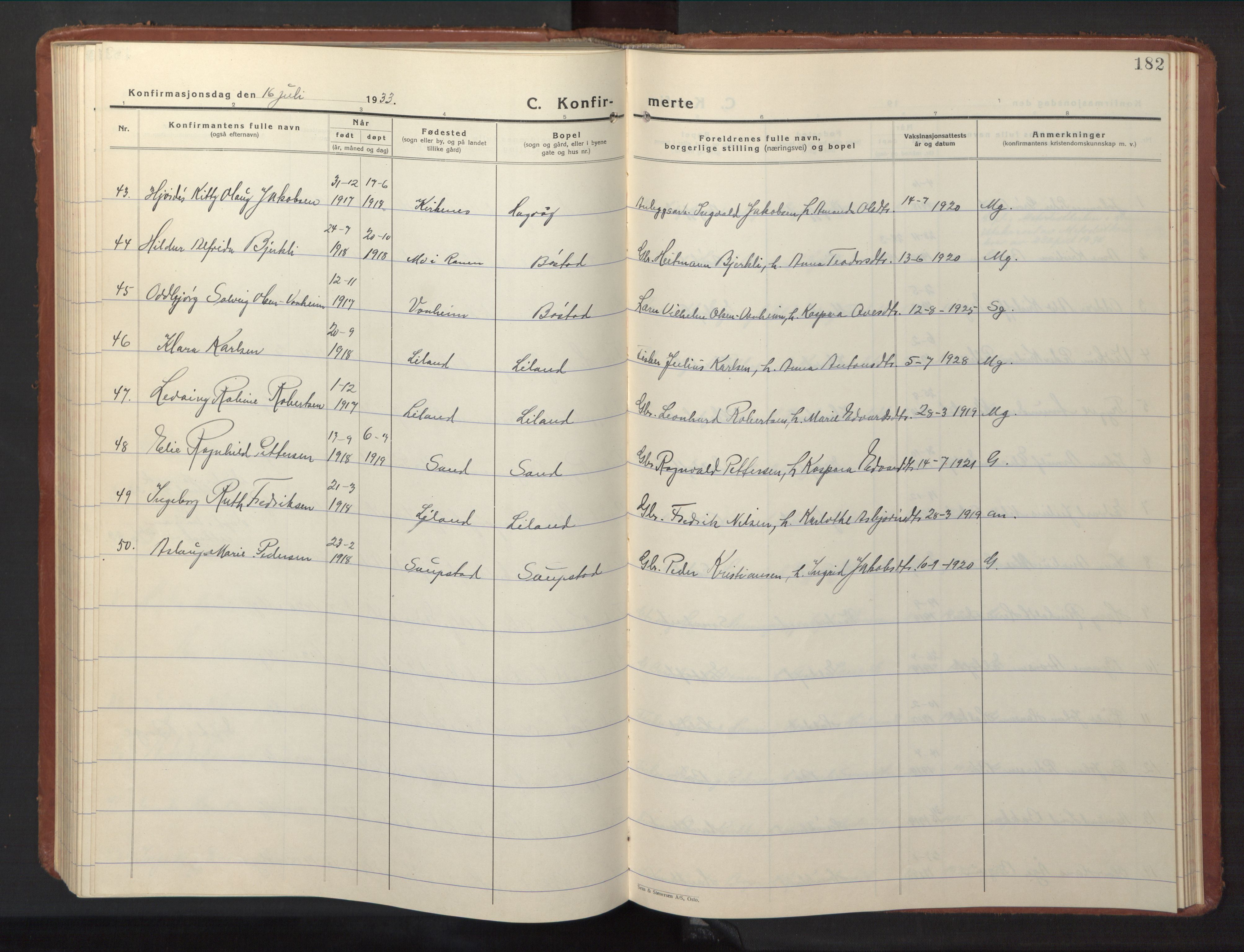 Ministerialprotokoller, klokkerbøker og fødselsregistre - Nordland, AV/SAT-A-1459/880/L1143: Parish register (copy) no. 880C05, 1929-1951, p. 182