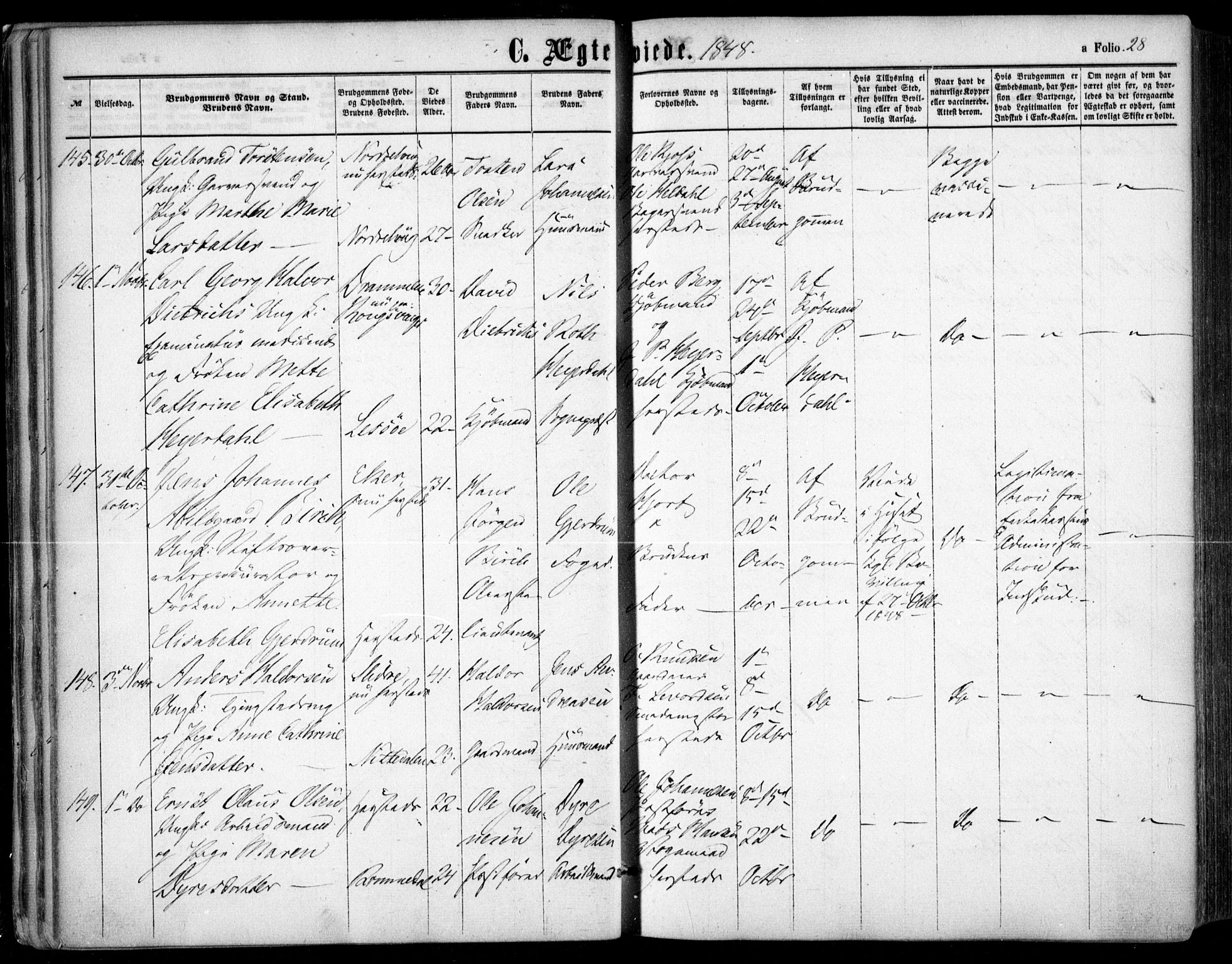 Oslo domkirke Kirkebøker, SAO/A-10752/F/Fa/L0020: Parish register (official) no. 20, 1848-1865, p. 28