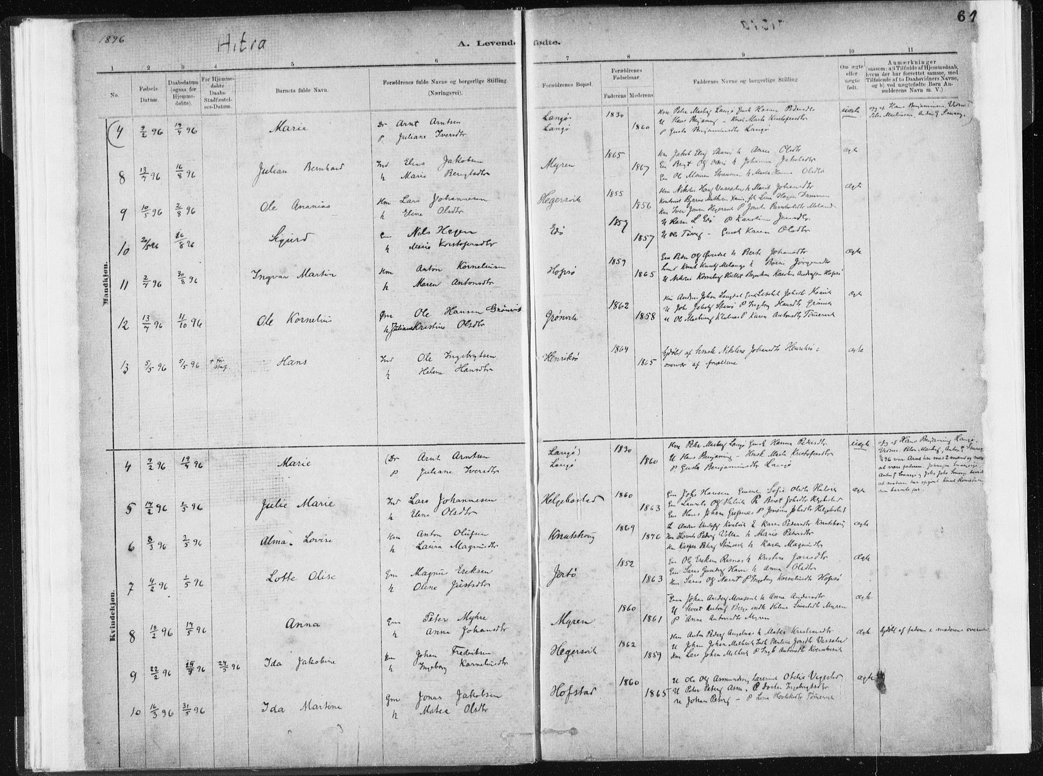 Ministerialprotokoller, klokkerbøker og fødselsregistre - Sør-Trøndelag, SAT/A-1456/634/L0533: Parish register (official) no. 634A09, 1882-1901, p. 61