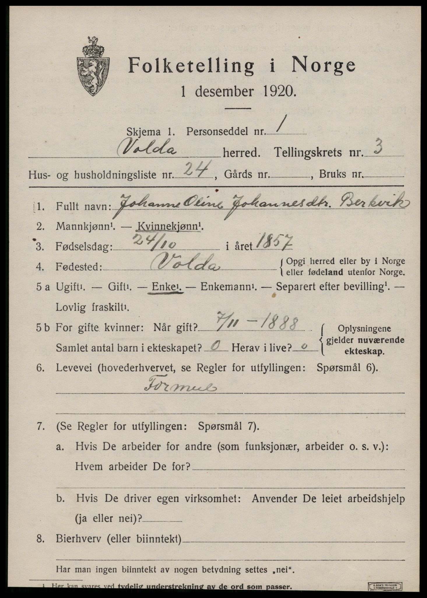 SAT, 1920 census for Volda, 1920, p. 2638