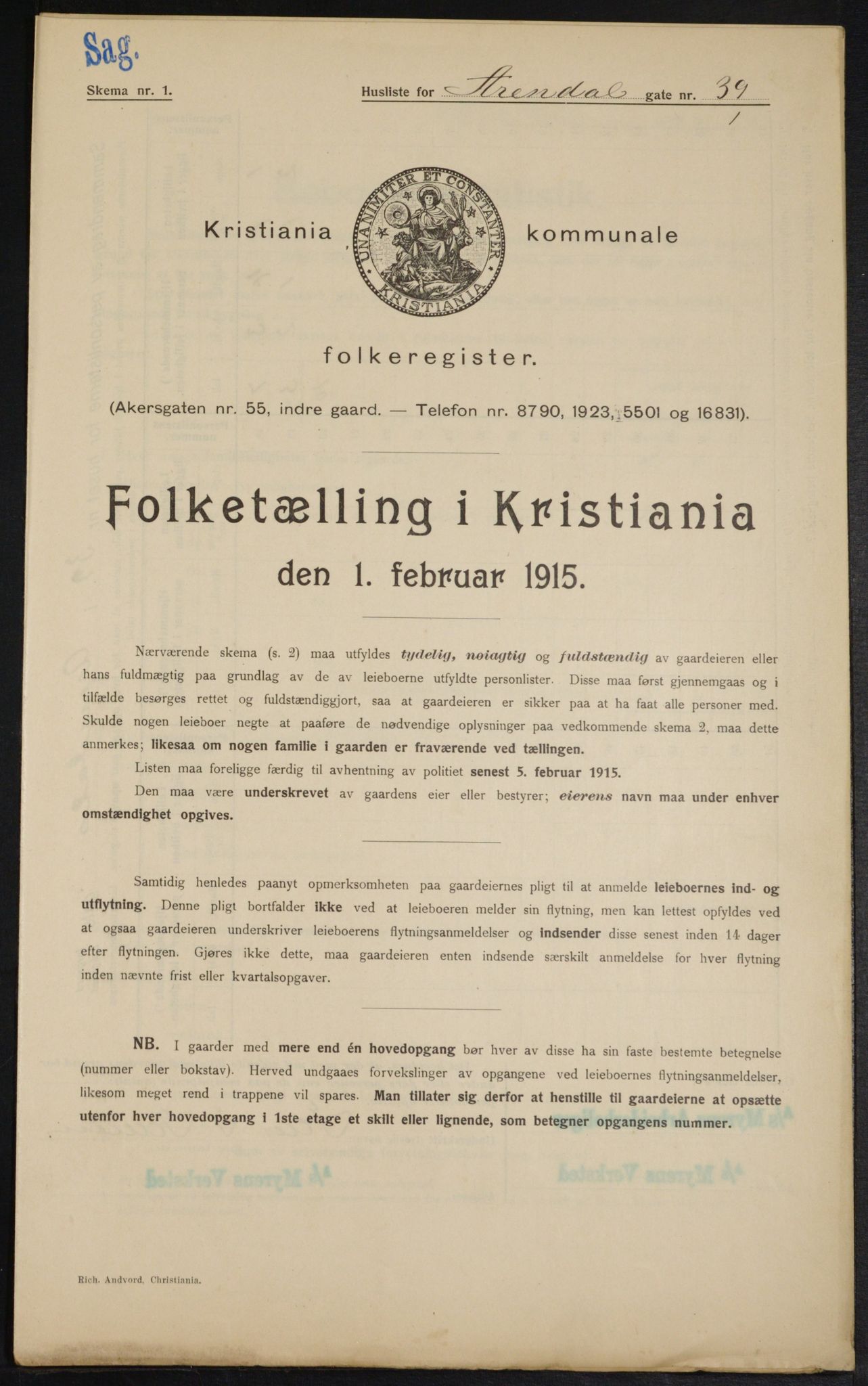 OBA, Municipal Census 1915 for Kristiania, 1915, p. 1933