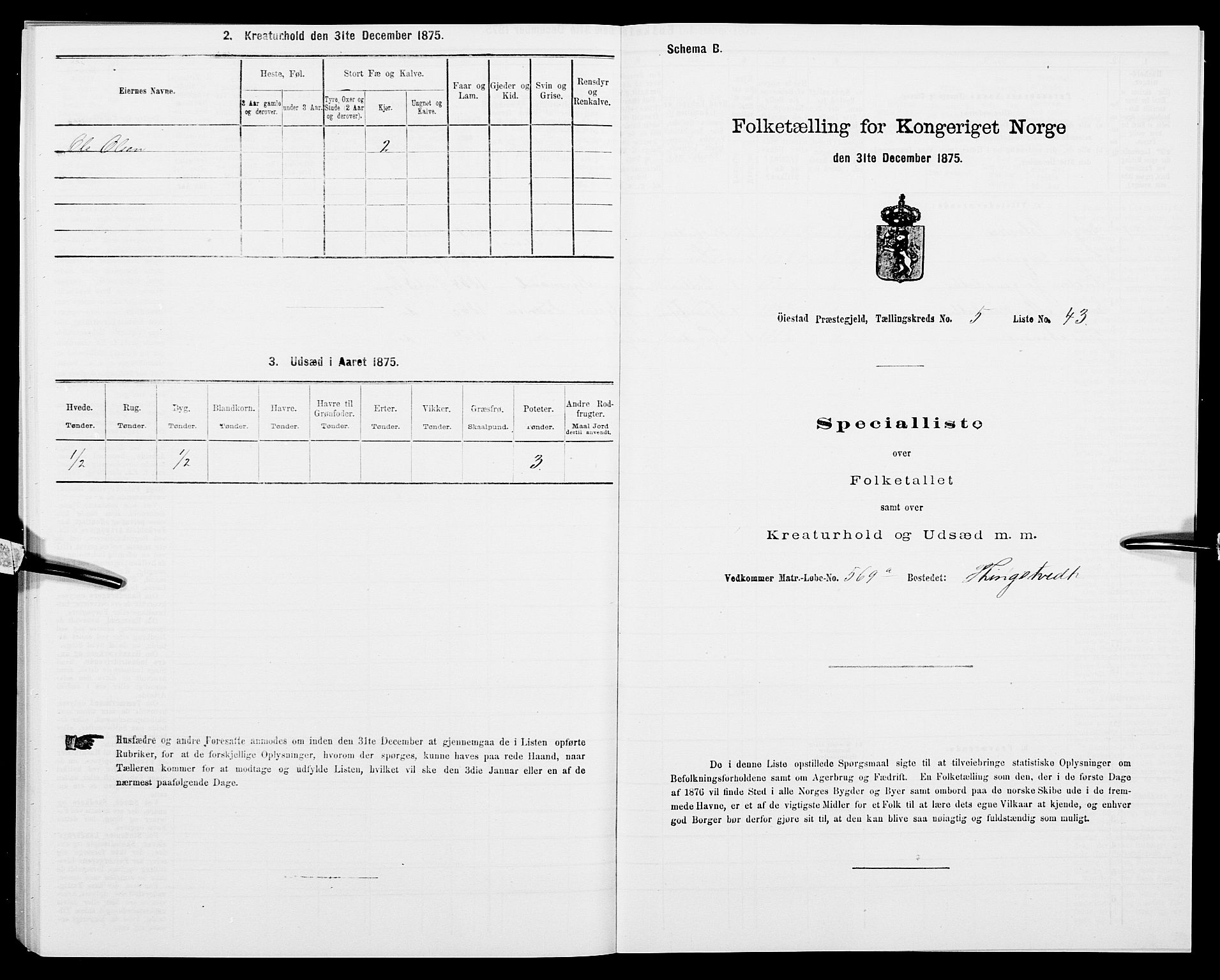 SAK, 1875 census for 0920P Øyestad, 1875, p. 689