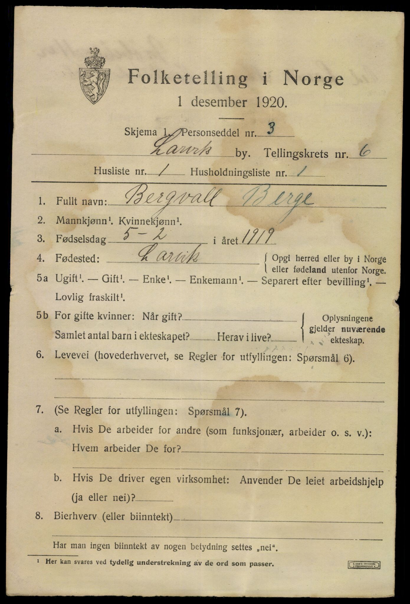 SAKO, 1920 census for Larvik, 1920, p. 17944