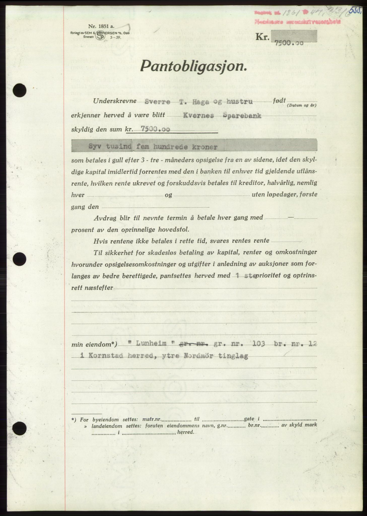 Nordmøre sorenskriveri, AV/SAT-A-4132/1/2/2Ca: Mortgage book no. B96, 1947-1947, Diary no: : 1361/1947