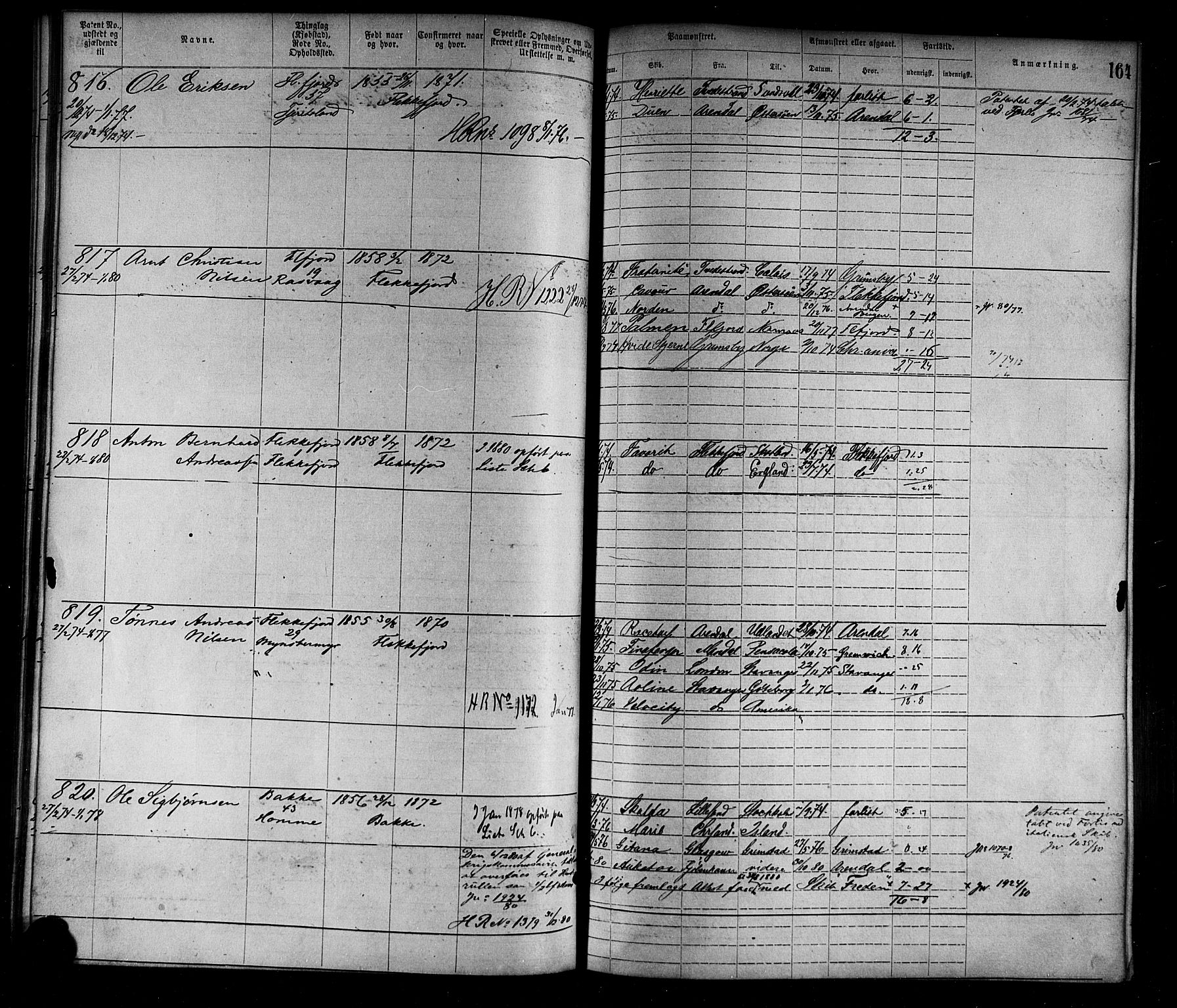 Flekkefjord mønstringskrets, AV/SAK-2031-0018/F/Fa/L0002: Annotasjonsrulle nr 1-1920 med register, N-2, 1870-1891, p. 189