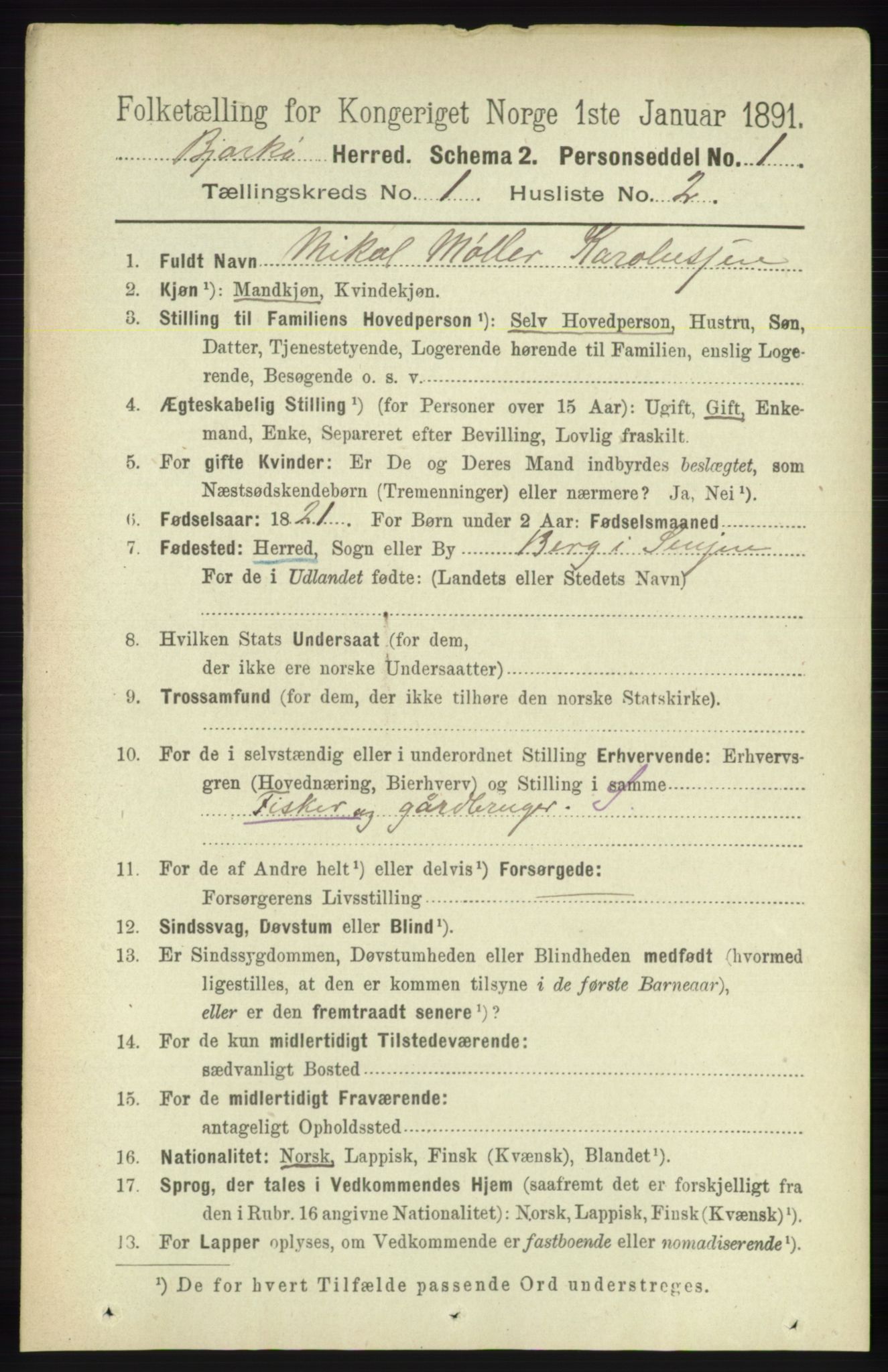 RA, 1891 census for 1915 Bjarkøy, 1891, p. 97