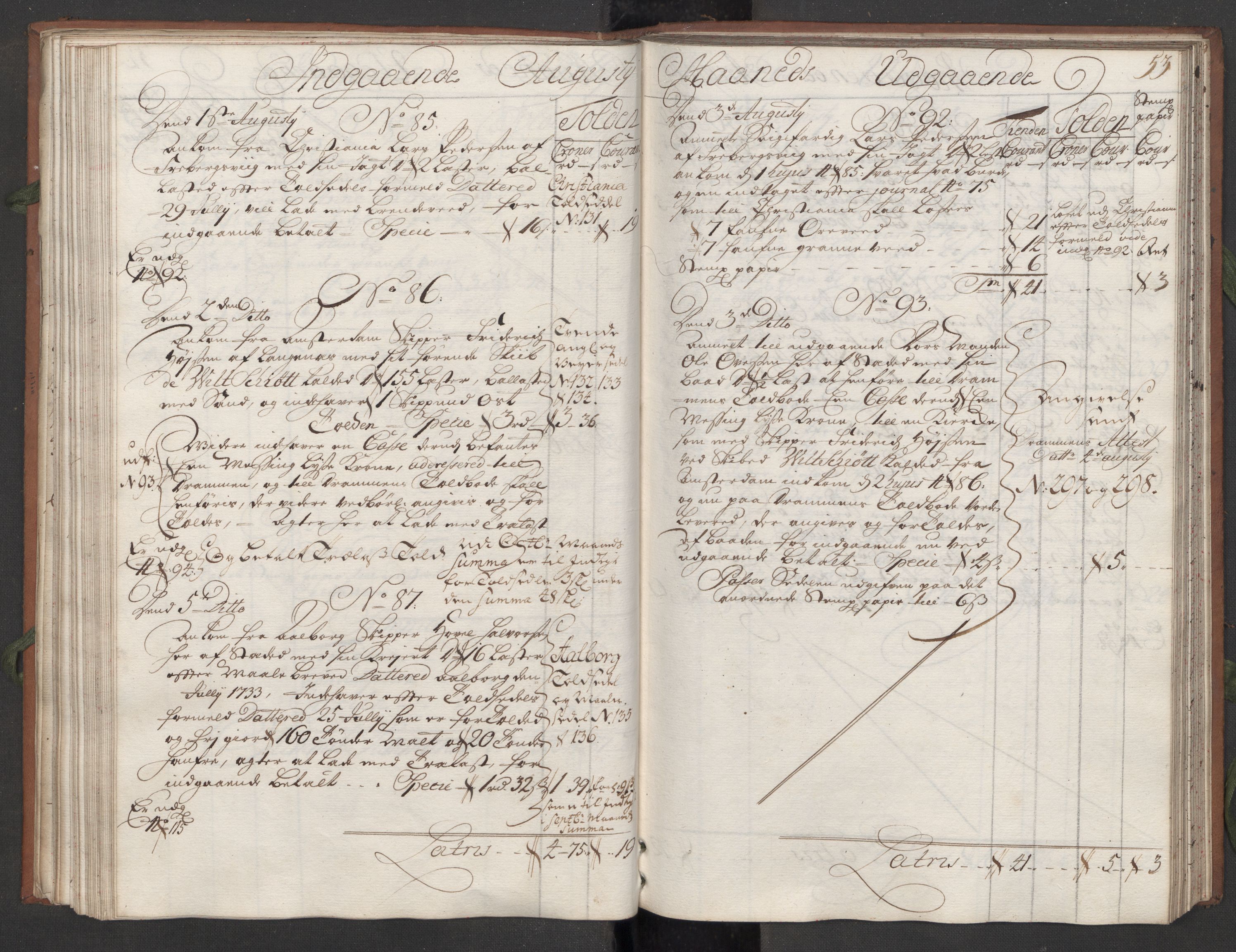 Generaltollkammeret, tollregnskaper, AV/RA-EA-5490/R09/L0008/0001: Tollregnskaper Holmestrand / Hovedtollbok, 1733, p. 52b-53a