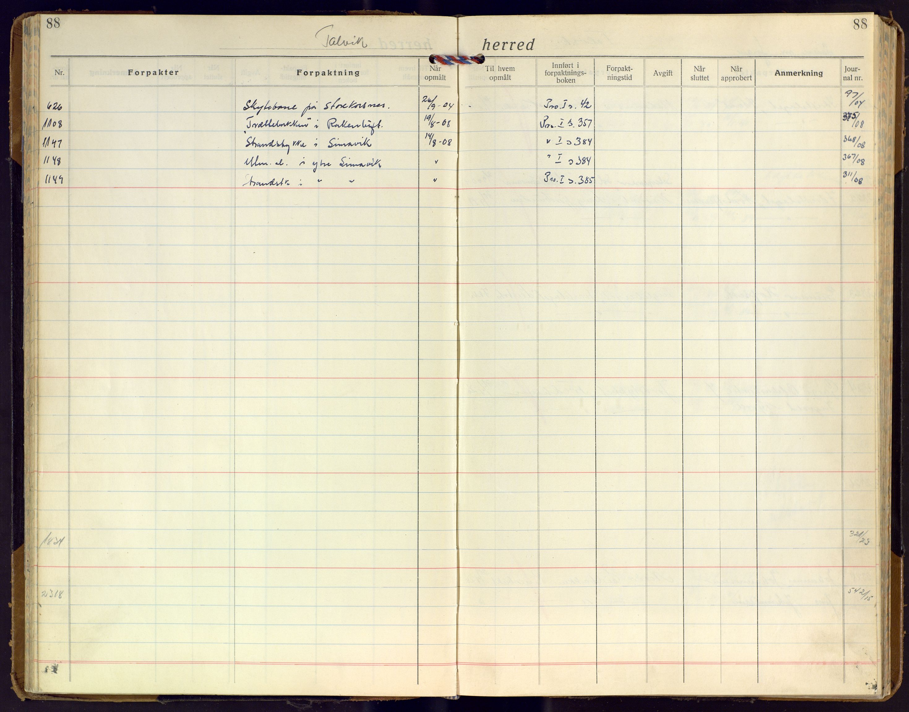 Finnmark jordsalgskommisjon/jordsalgskontor og Statskog SF Finnmark jordsalgskontor, AV/SATØ-S-1443/J/Ja/L0010: Forpaktningsbok for Finnmark I, 1916-1947, p. 88