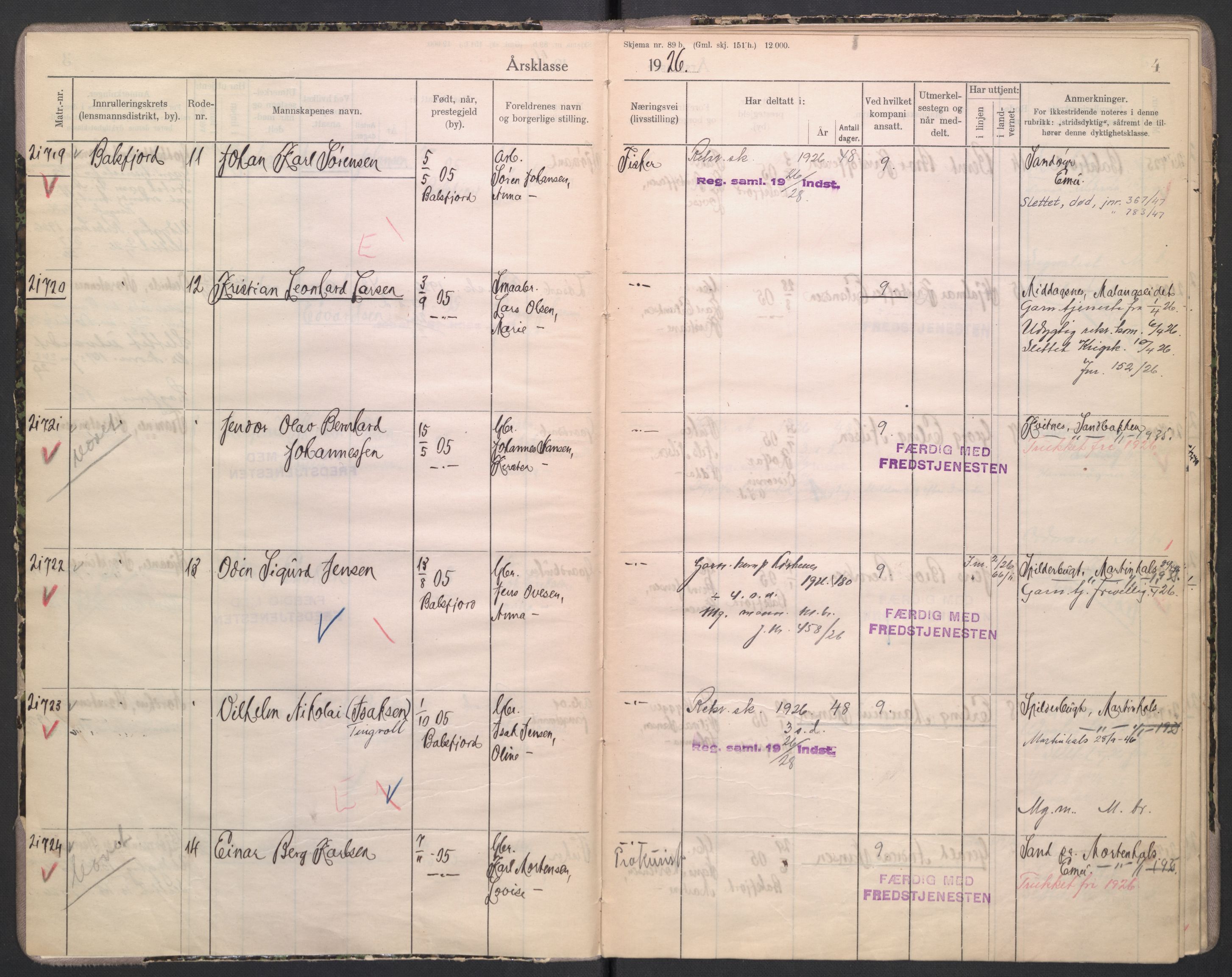 Forsvaret, Troms infanteriregiment nr. 16, AV/RA-RAFA-3146/P/Pa/L0004/0002: Ruller / Rulle for Lyngen bataljons menige mannskaper, årsklasse 1926, 1926, p. 4