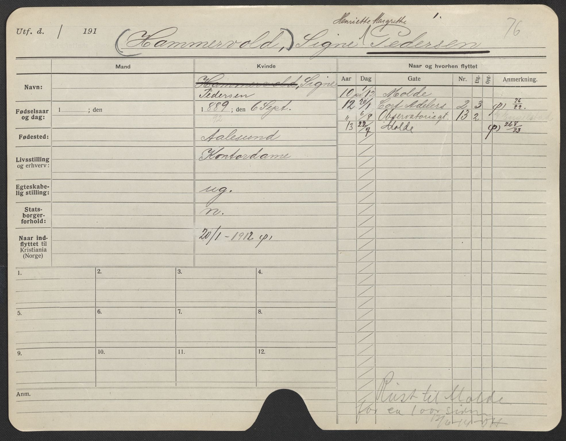 Oslo folkeregister, Registerkort, AV/SAO-A-11715/F/Fa/Fac/L0022: Kvinner, 1906-1914, p. 874a