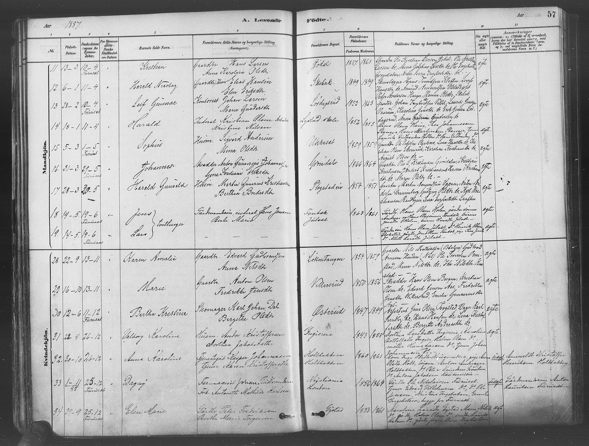Ullensaker prestekontor Kirkebøker, SAO/A-10236a/F/Fa/L0019: Parish register (official) no. I 19, 1878-1891, p. 57
