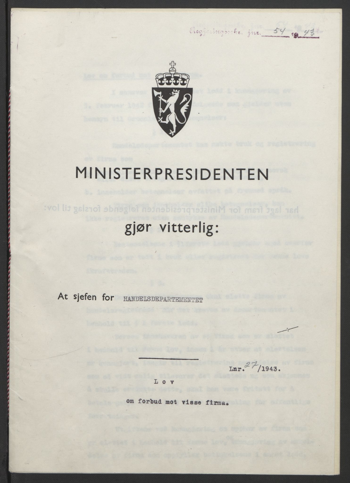 NS-administrasjonen 1940-1945 (Statsrådsekretariatet, de kommisariske statsråder mm), RA/S-4279/D/Db/L0099: Lover, 1943, p. 109
