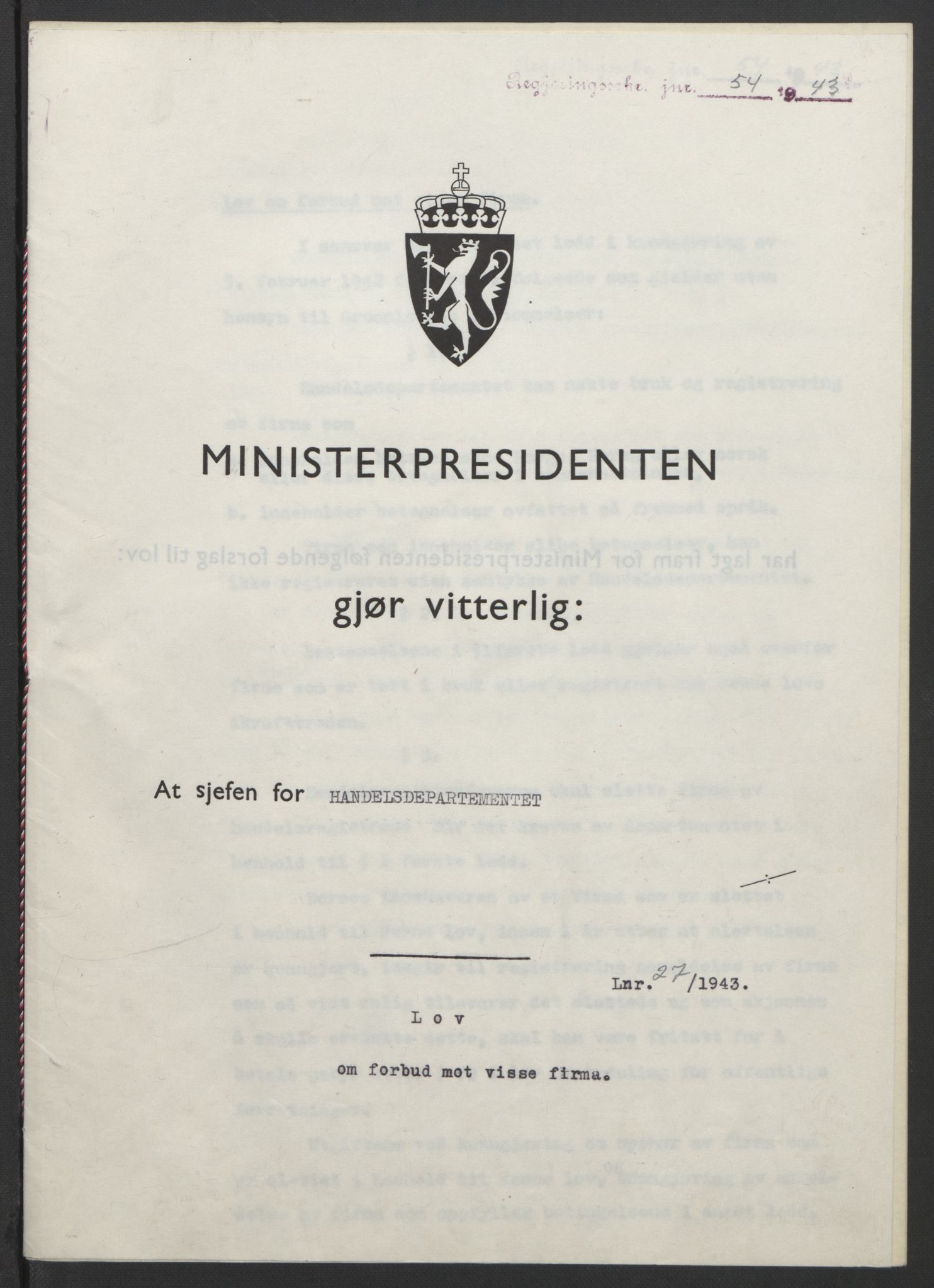 NS-administrasjonen 1940-1945 (Statsrådsekretariatet, de kommisariske statsråder mm), AV/RA-S-4279/D/Db/L0099: Lover, 1943, p. 109