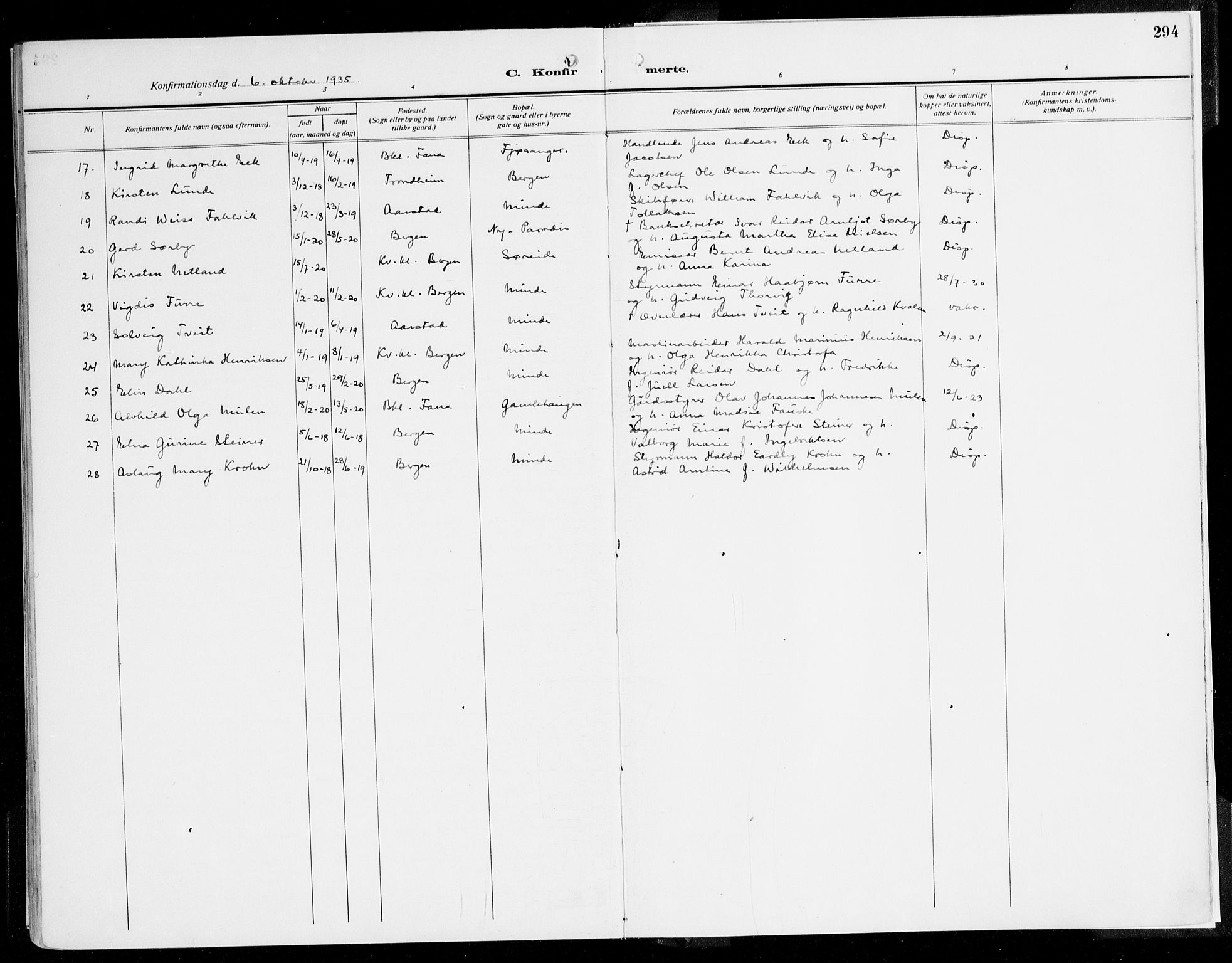 Fana Sokneprestembete, AV/SAB-A-75101/H/Haa/Haaj/L0001: Parish register (official) no. J 1, 1921-1935, p. 294