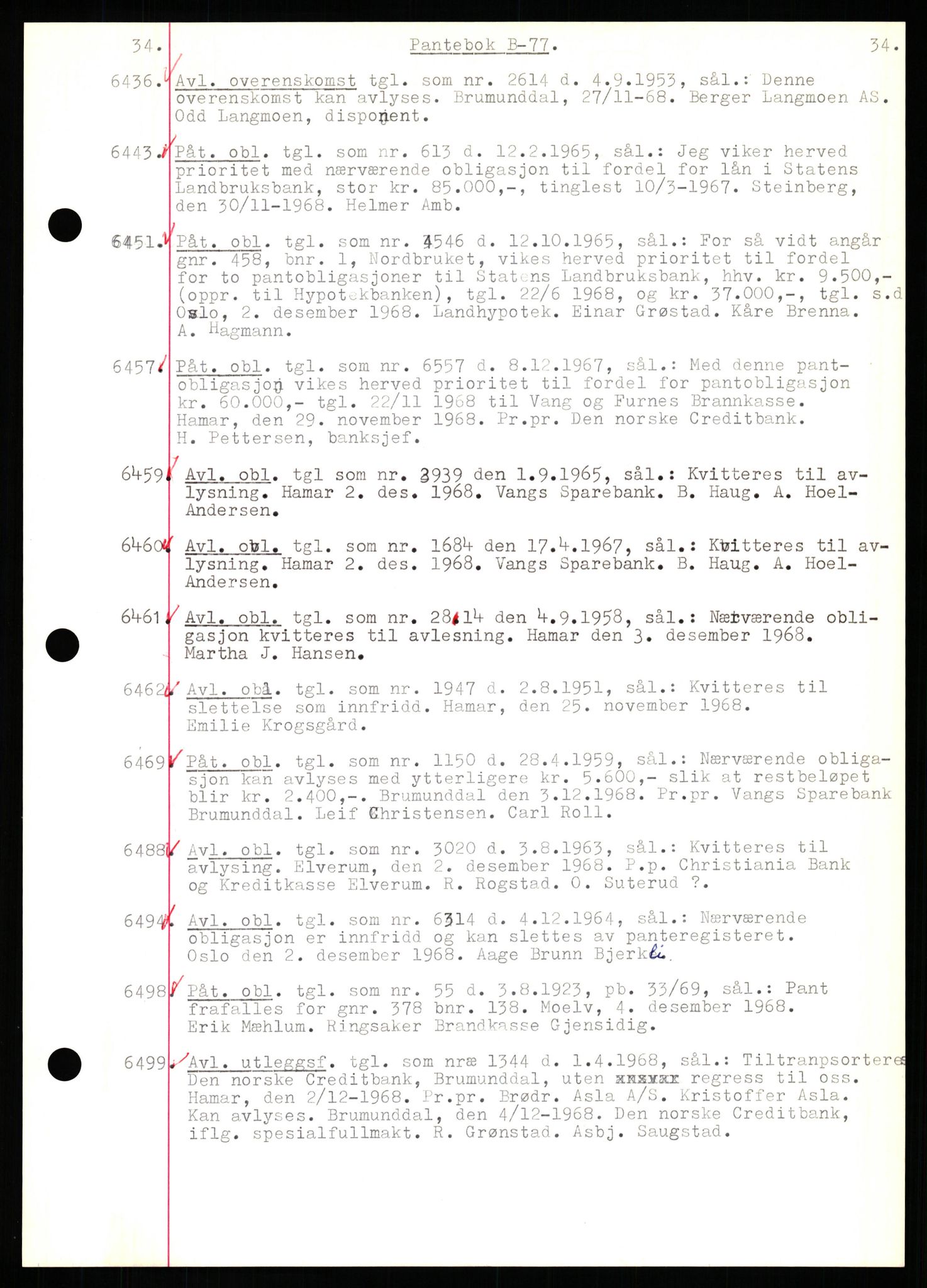 Nord-Hedmark sorenskriveri, SAH/TING-012/H/Hb/Hbf/L0077: Mortgage book no. B77, 1968-1969, Diary no: : 6436/1968