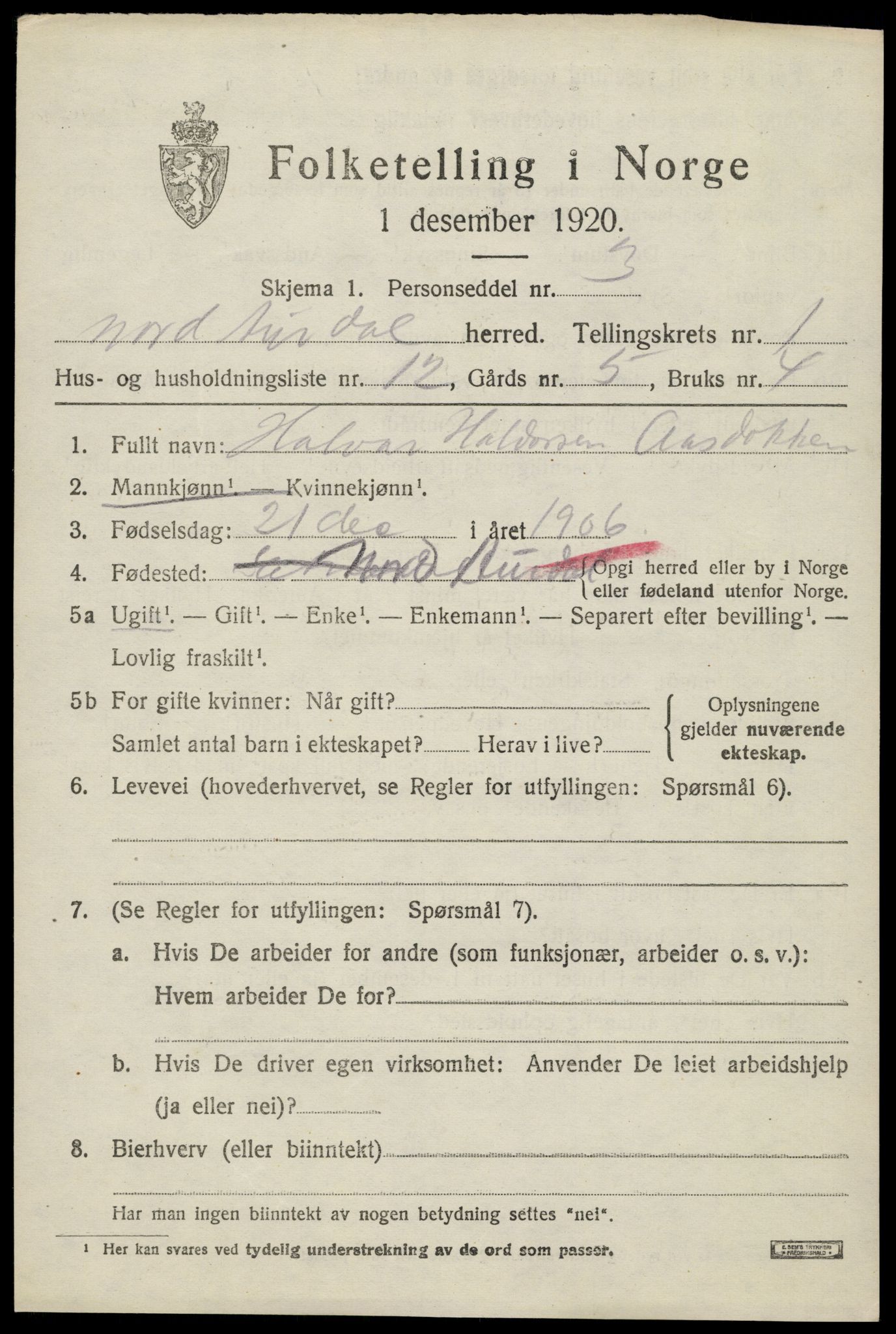 SAH, 1920 census for Nord-Aurdal, 1920, p. 2030