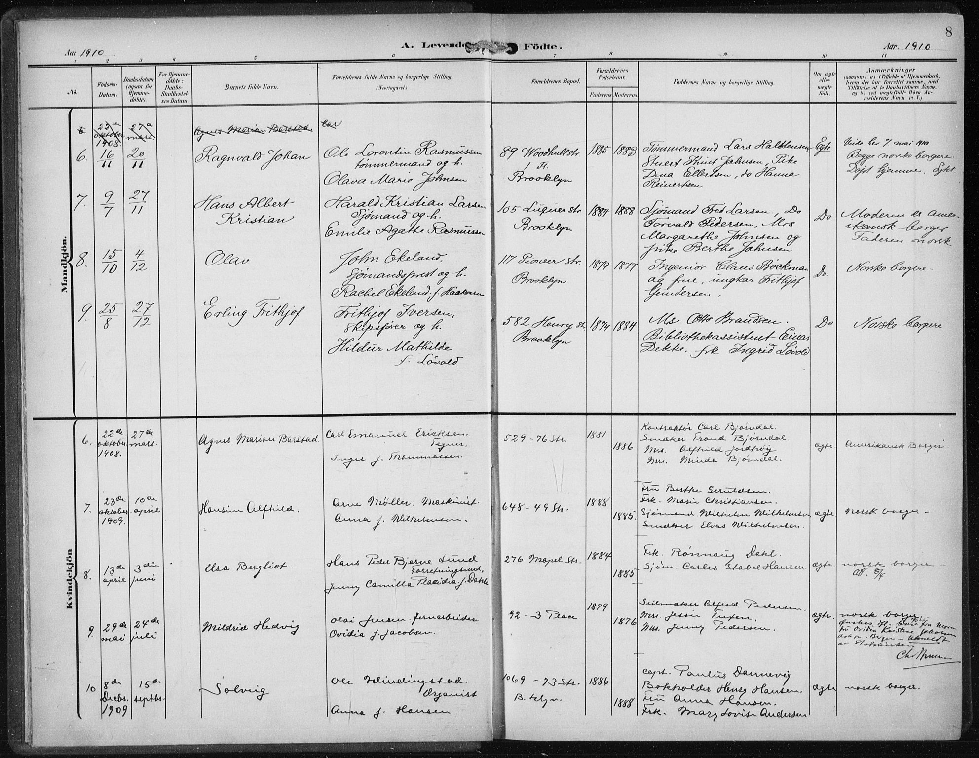 Den norske sjømannsmisjon i utlandet/New York, AV/SAB-SAB/PA-0110/H/Ha/L0006: Parish register (official) no. A 6, 1909-1914, p. 8