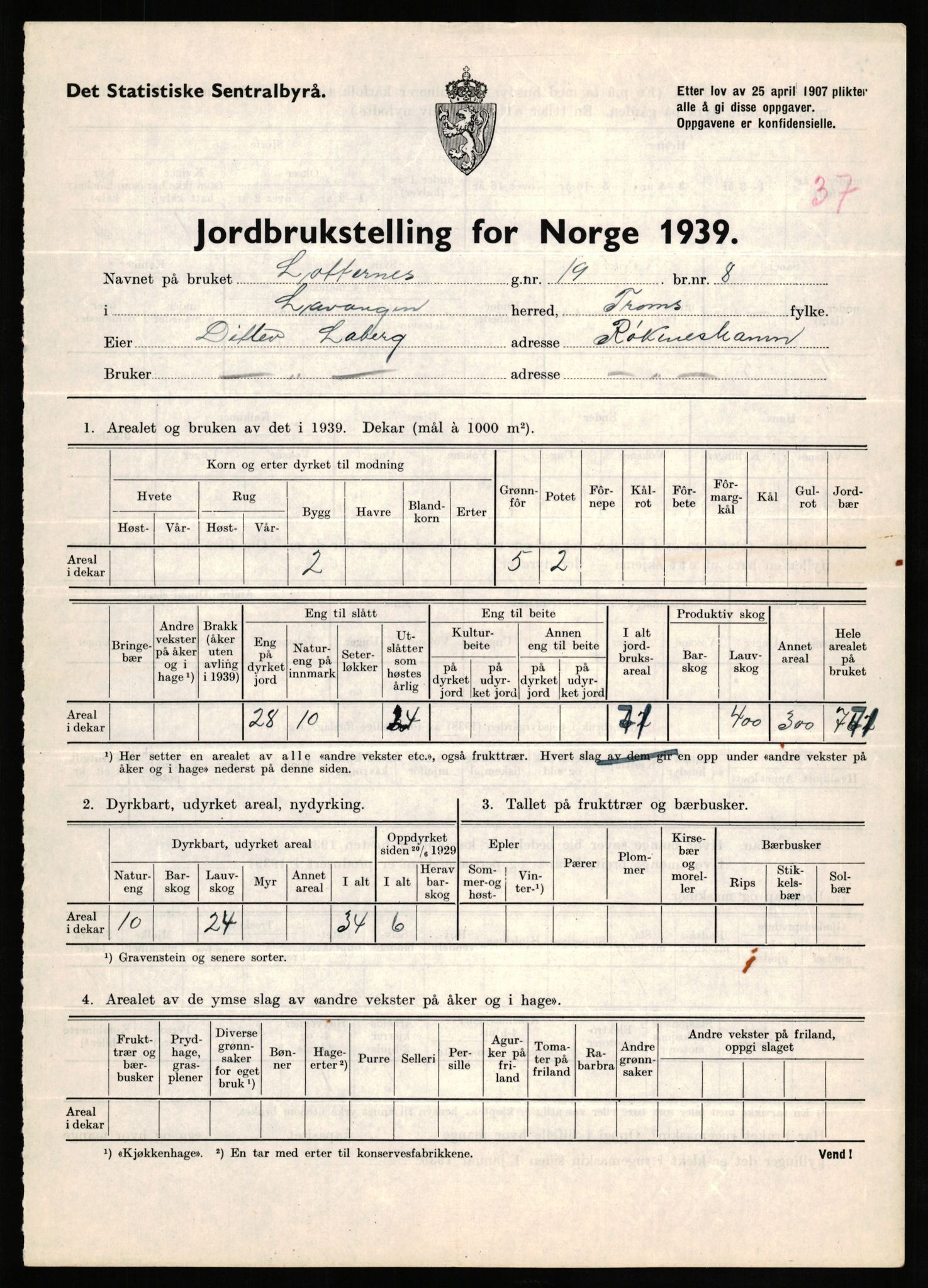 Statistisk sentralbyrå, Næringsøkonomiske emner, Jordbruk, skogbruk, jakt, fiske og fangst, AV/RA-S-2234/G/Gb/L0339: Troms: Andørja, Astafjord og Lavangen, 1939, p. 1286