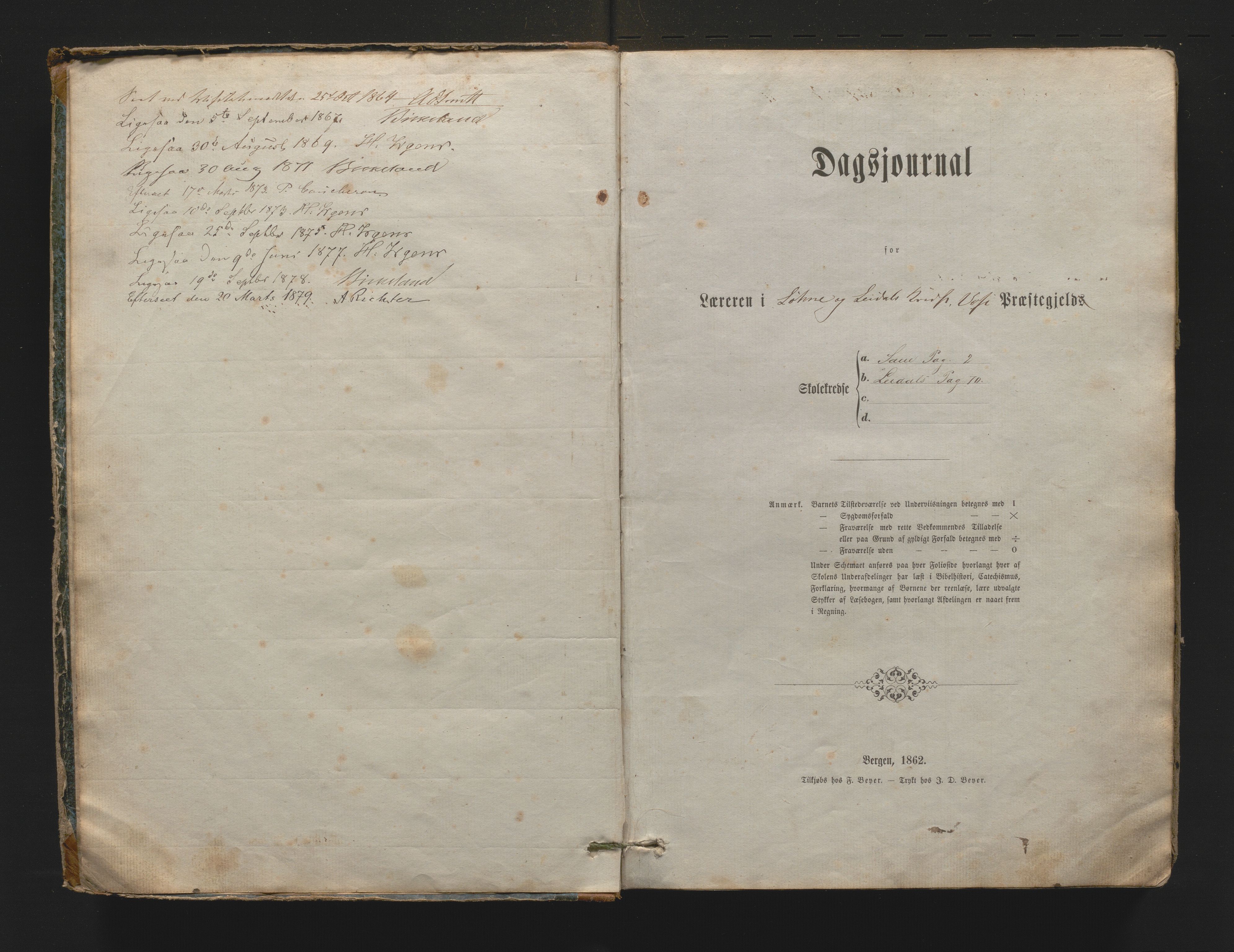 Voss kommune. Barneskulane, IKAH/1235-231/G/Gd/L0001: Dagsjournal m/karakterar for læraren i Løne og Leidal krins, 1863-1879