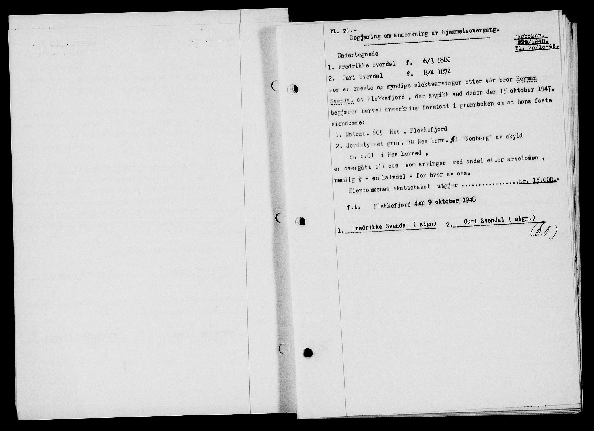Flekkefjord sorenskriveri, SAK/1221-0001/G/Gb/Gba/L0064: Mortgage book no. A-12, 1948-1949, Diary no: : 779/1948