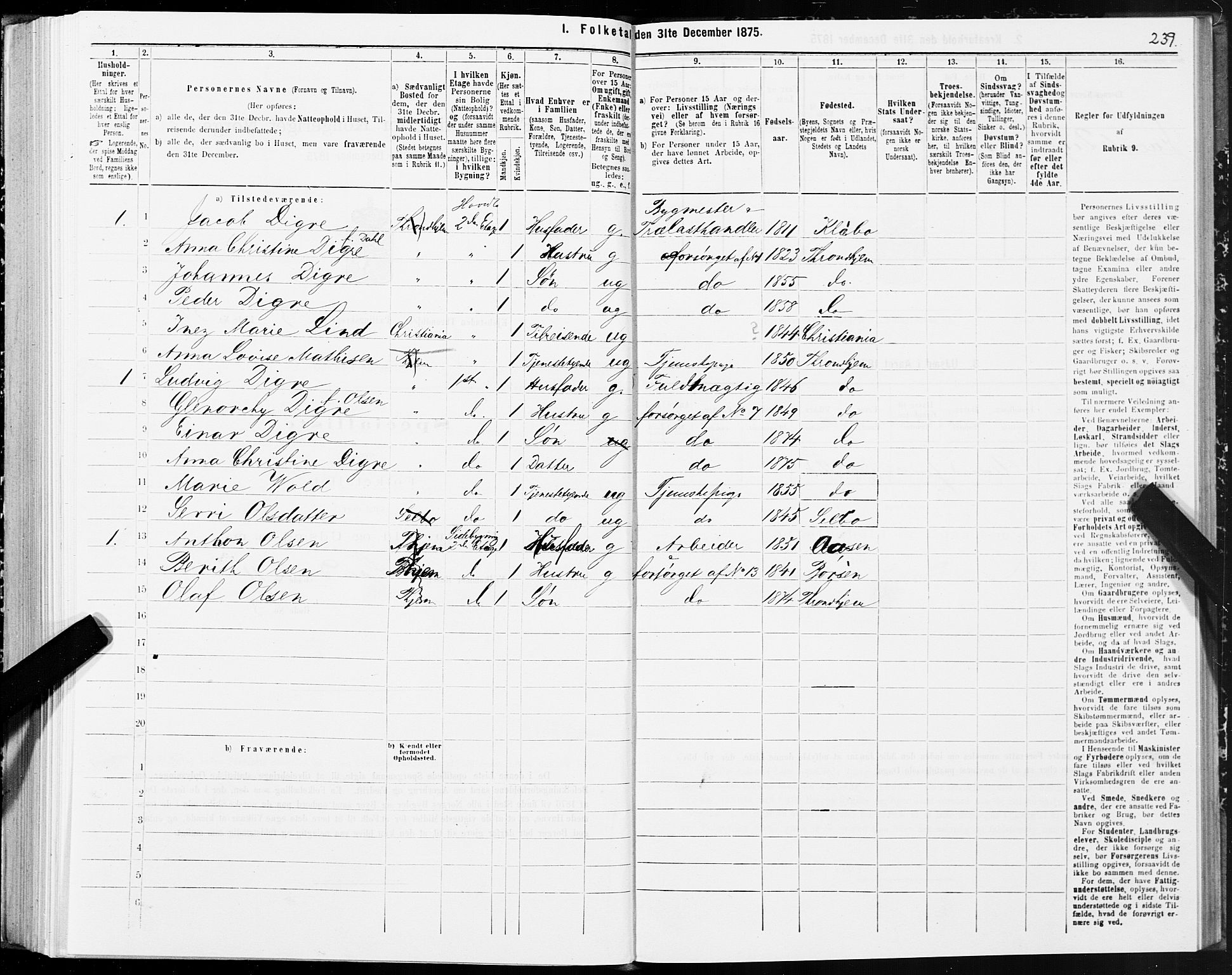 SAT, 1875 census for 1601 Trondheim, 1875, p. 2239