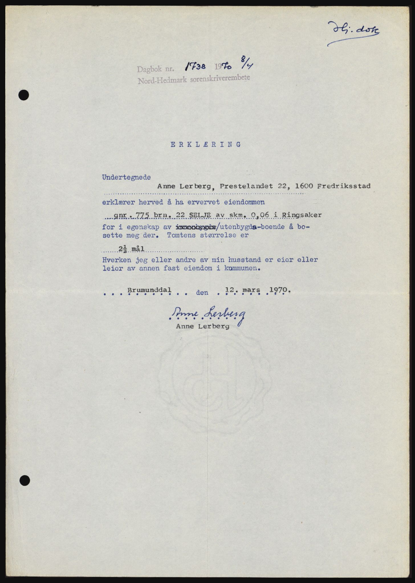 Nord-Hedmark sorenskriveri, SAH/TING-012/H/Hc/L0033: Mortgage book no. 33, 1970-1970, Diary no: : 1738/1970