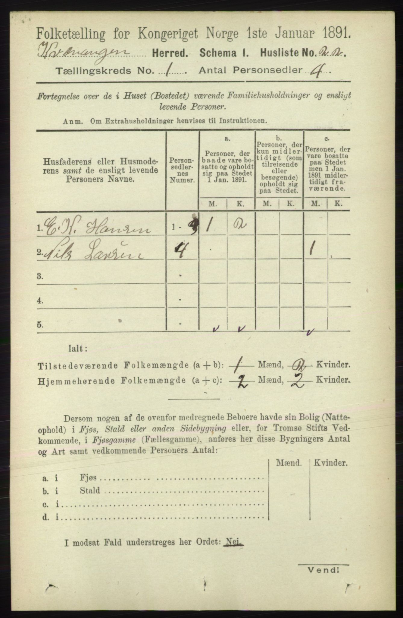 RA, 1891 census for 1943 Kvænangen, 1891, p. 36