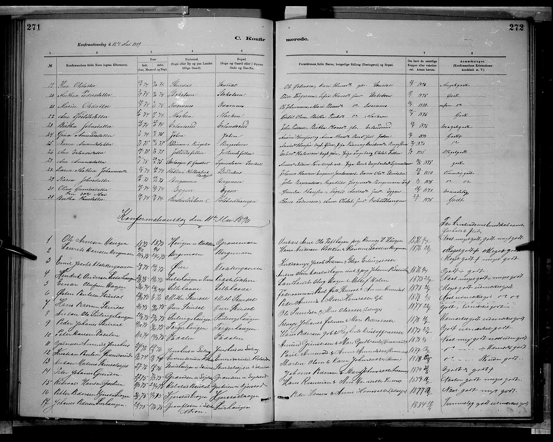 Sør-Fron prestekontor, SAH/PREST-010/H/Ha/Hab/L0003: Parish register (copy) no. 3, 1884-1896, p. 271-272