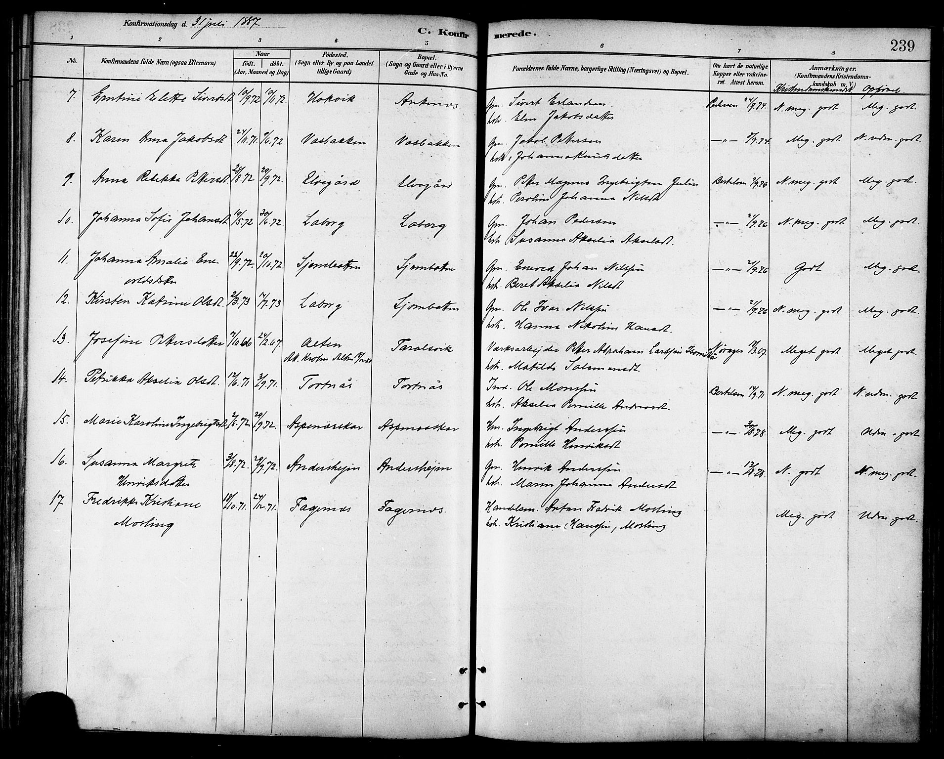 Ministerialprotokoller, klokkerbøker og fødselsregistre - Nordland, AV/SAT-A-1459/866/L0938: Parish register (official) no. 866A01, 1879-1893, p. 239